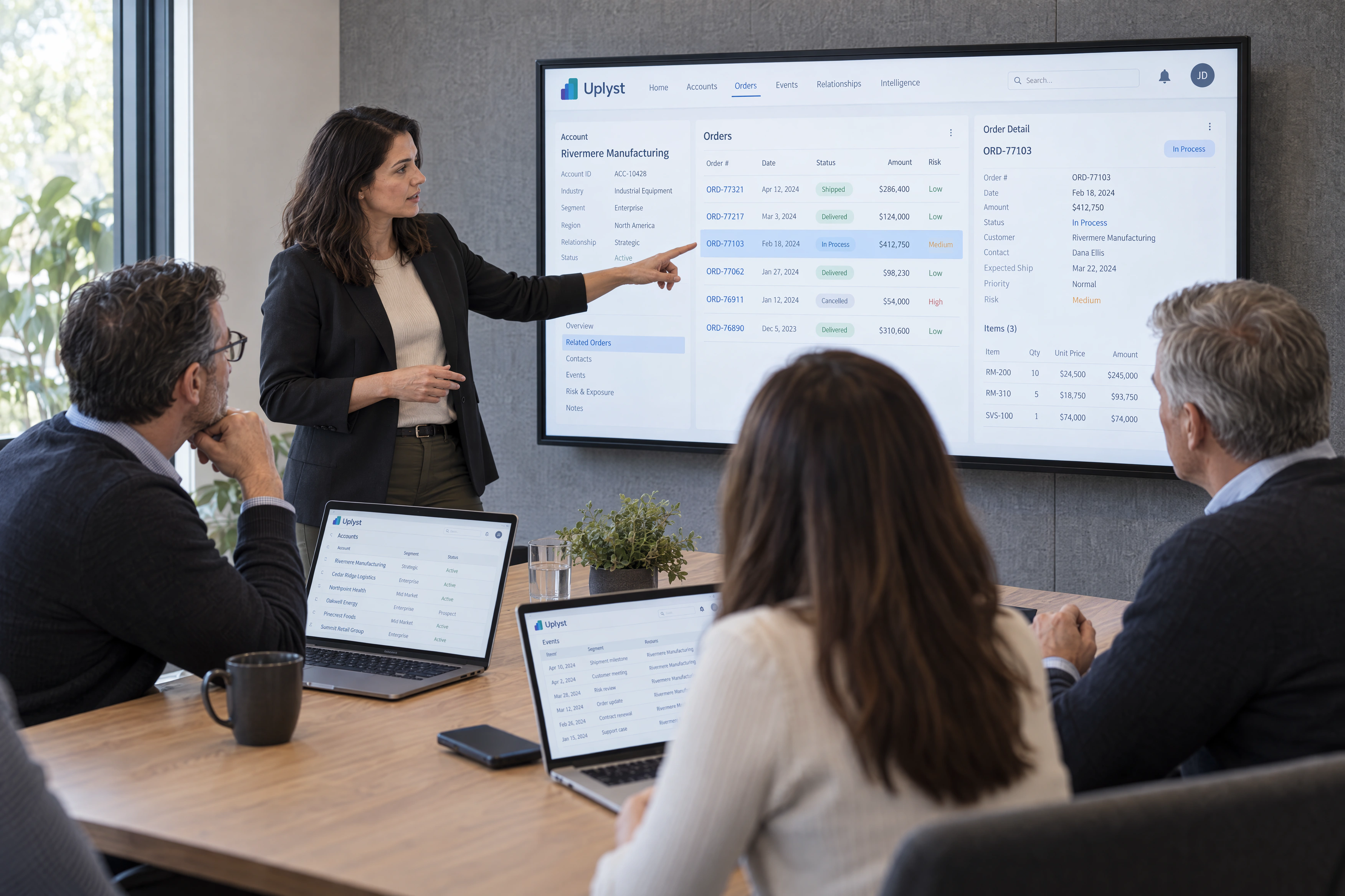 Business and technology colleagues review customer commitments, operational records and financial context together.
