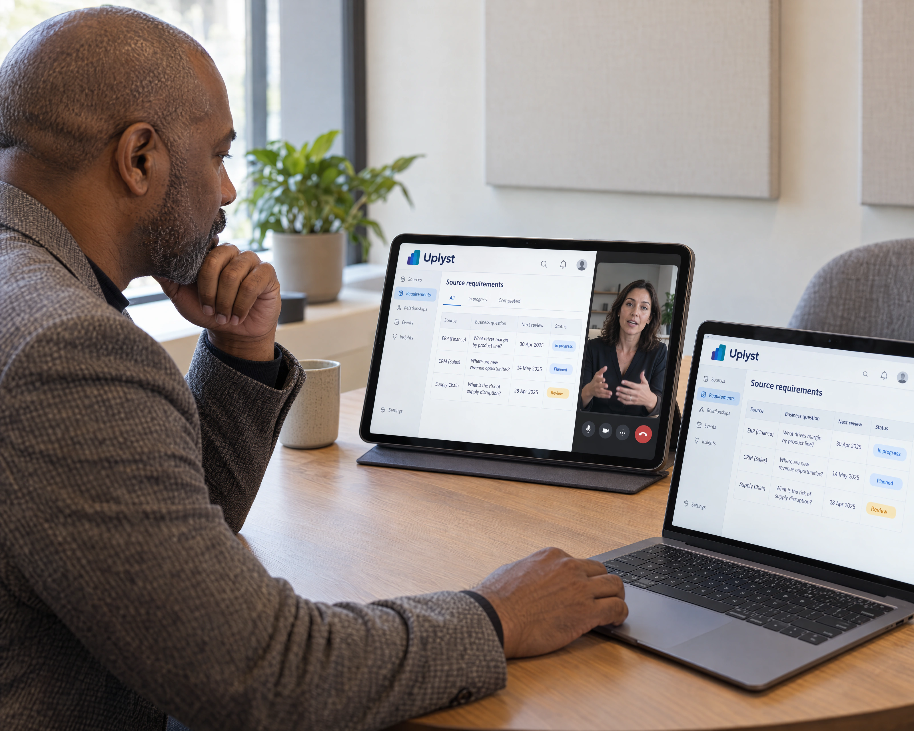 A business owner and technology adviser discuss a scoped operational question over a video call.