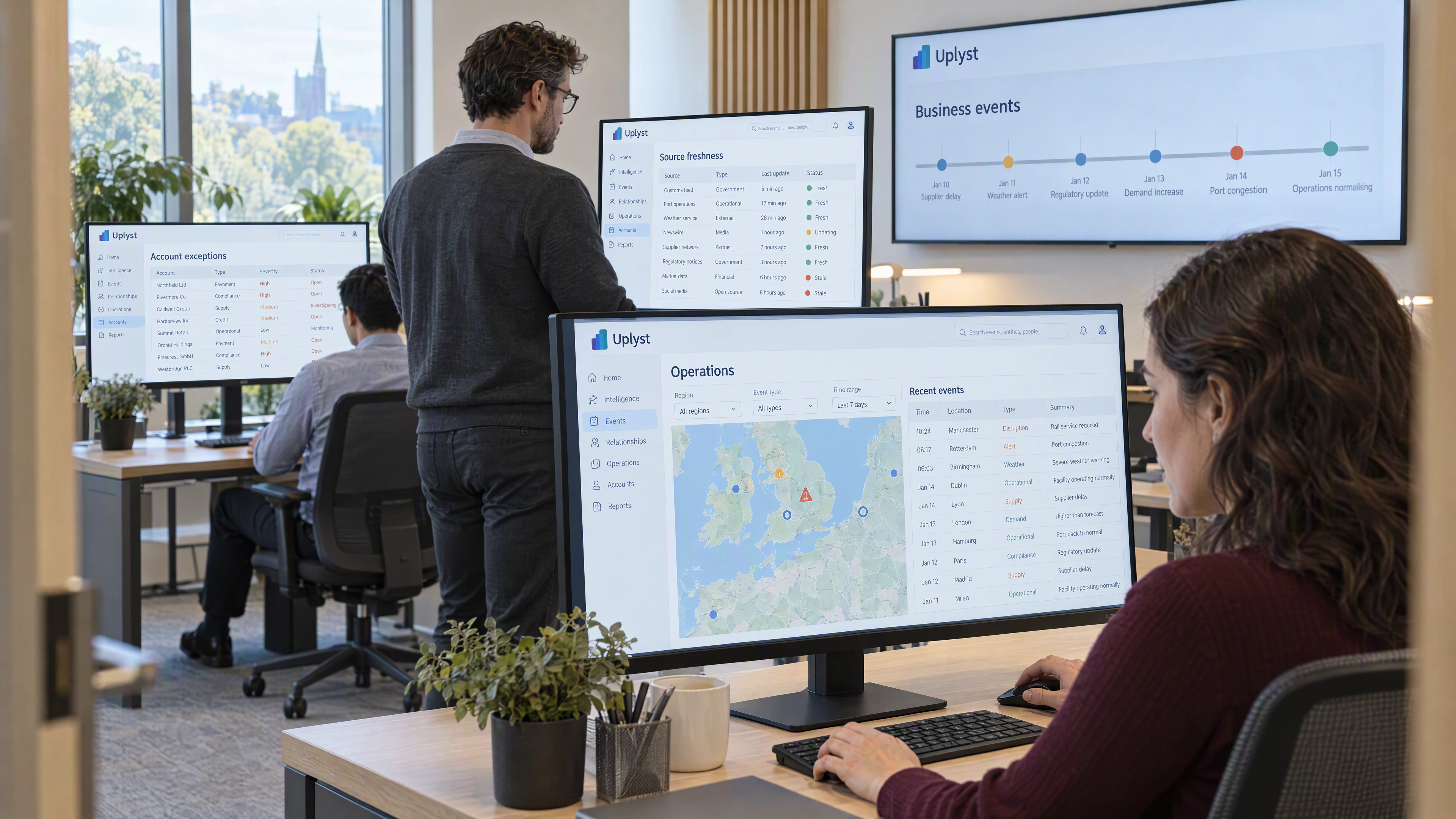 An enterprise operations team reviews current events and regional business activity across shared workstations.
