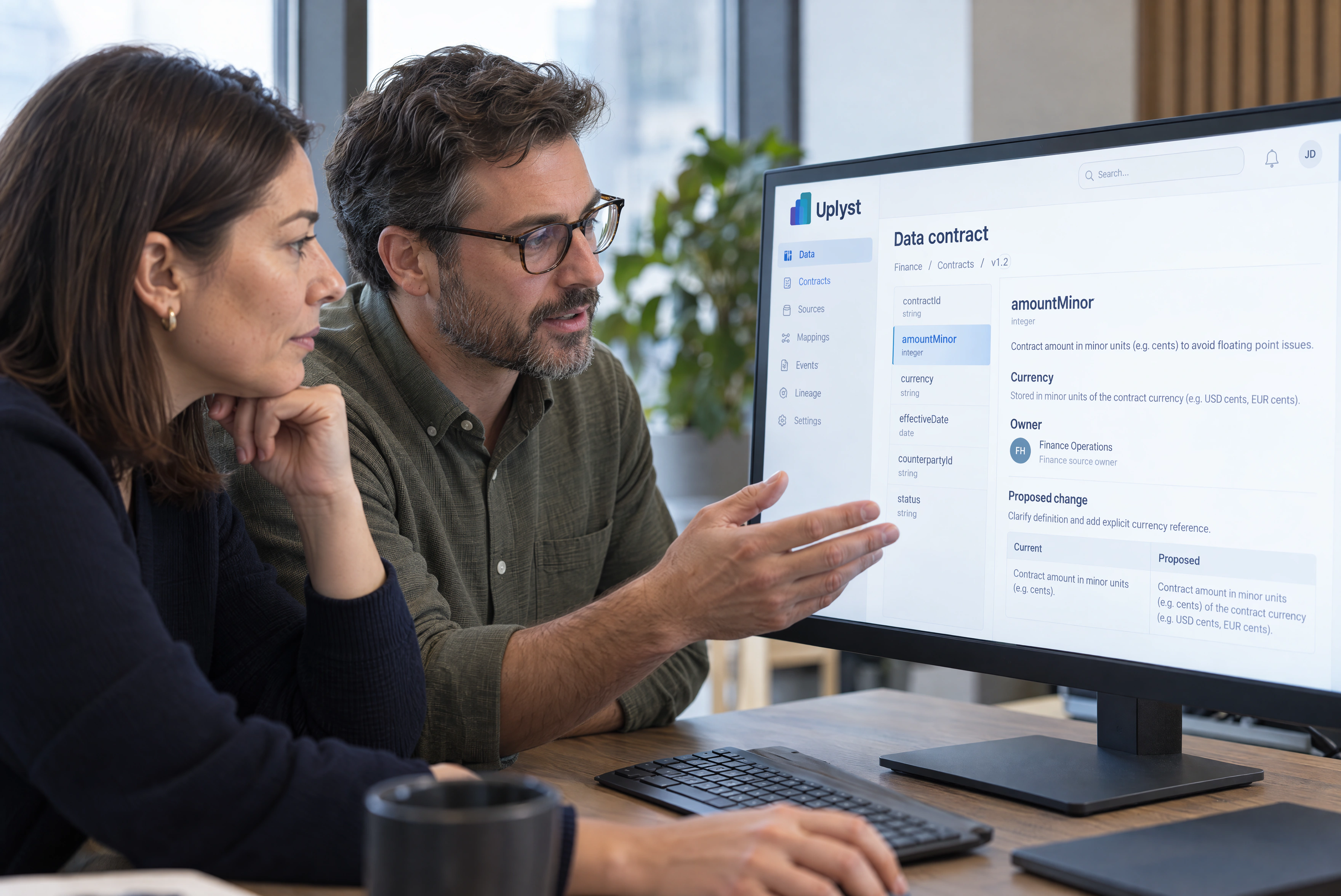 Two colleagues reviewing a field definition on a shared screen.