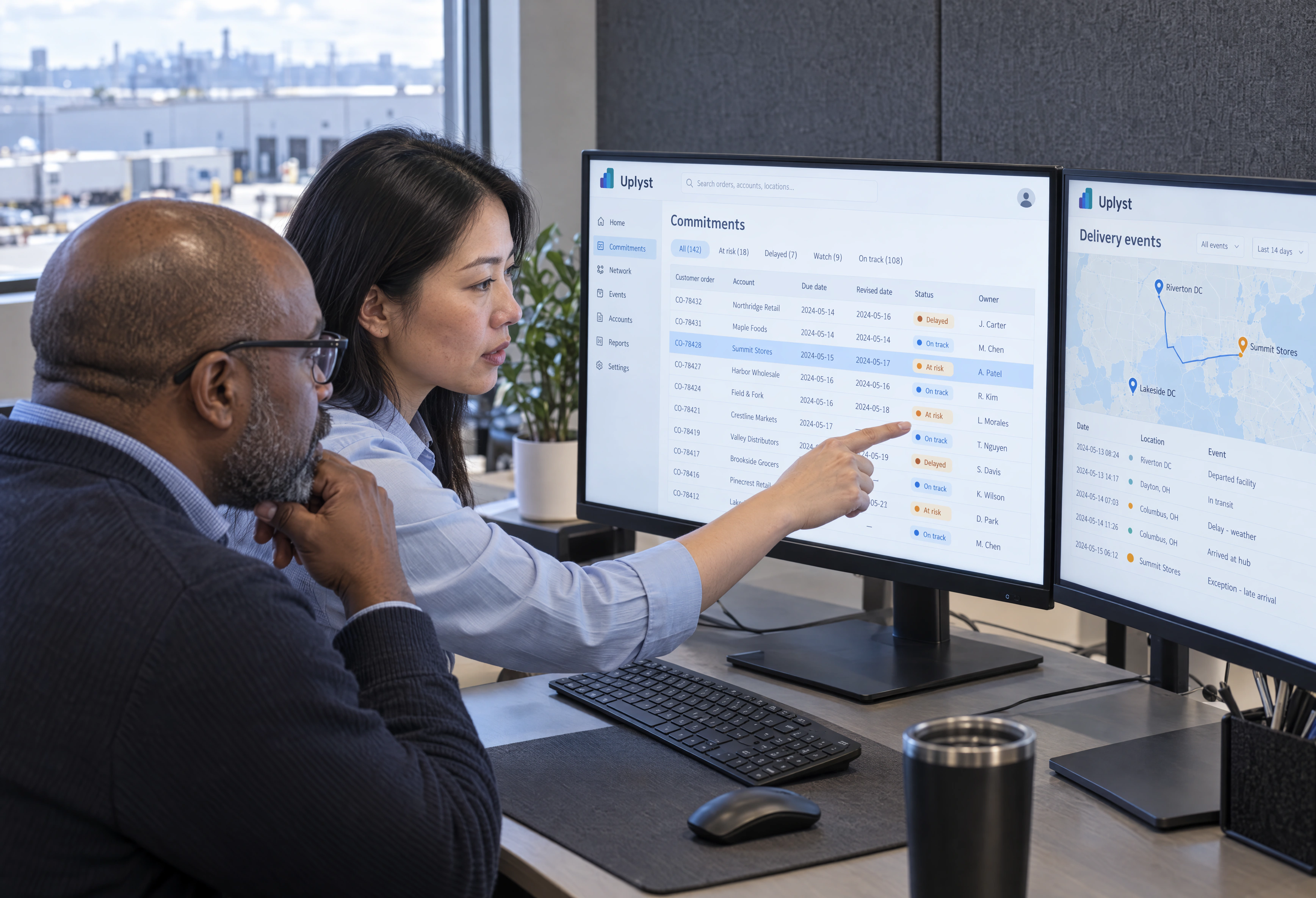 Operations planners compare a delivery exception with the affected customer commitments on their planning screens