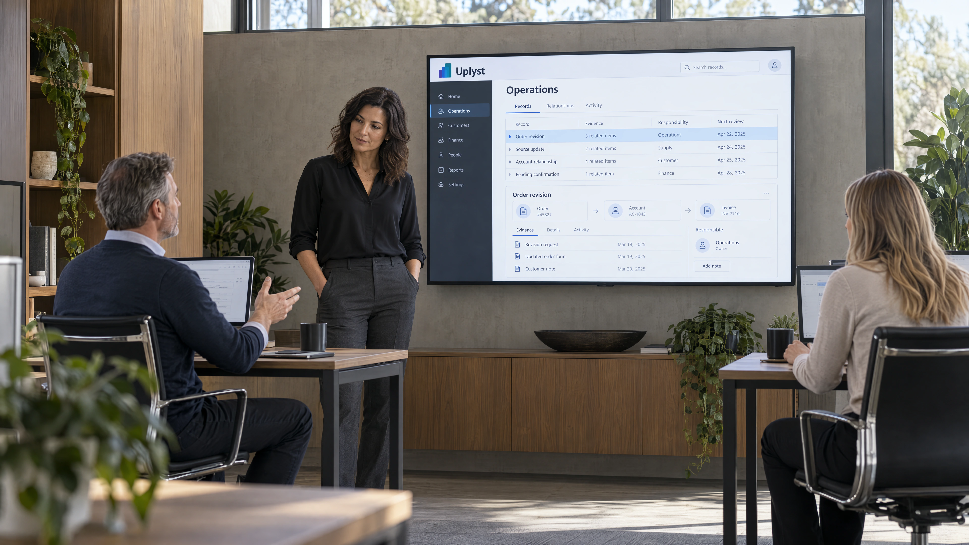 Business owners review operational performance together in an enterprise decision room.