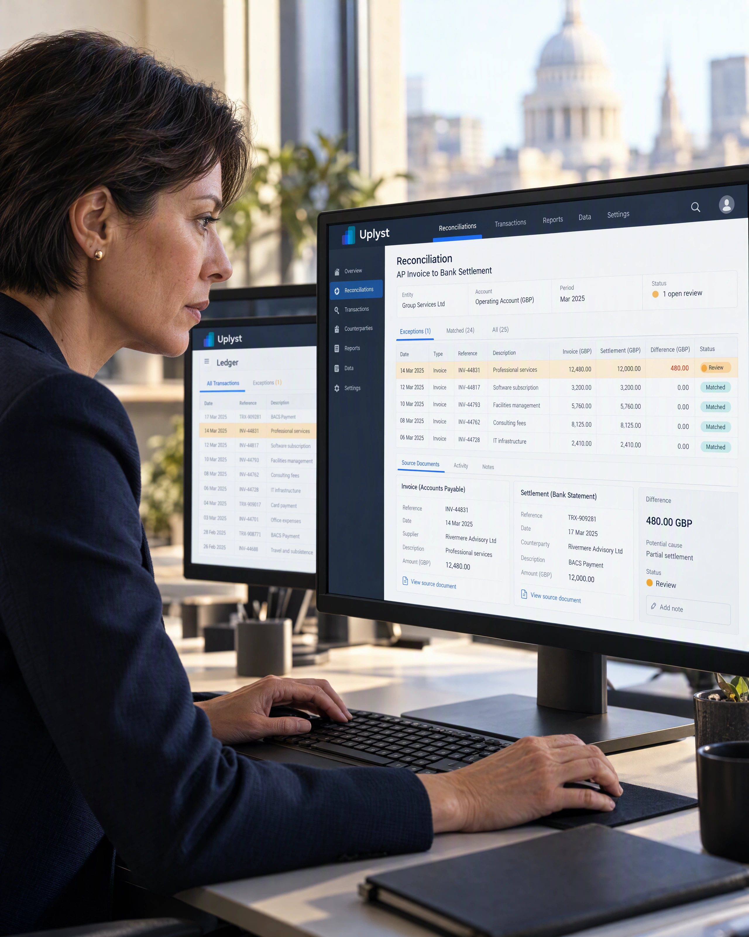 A financial controls analyst investigates a reconciliation exception against its source evidence.