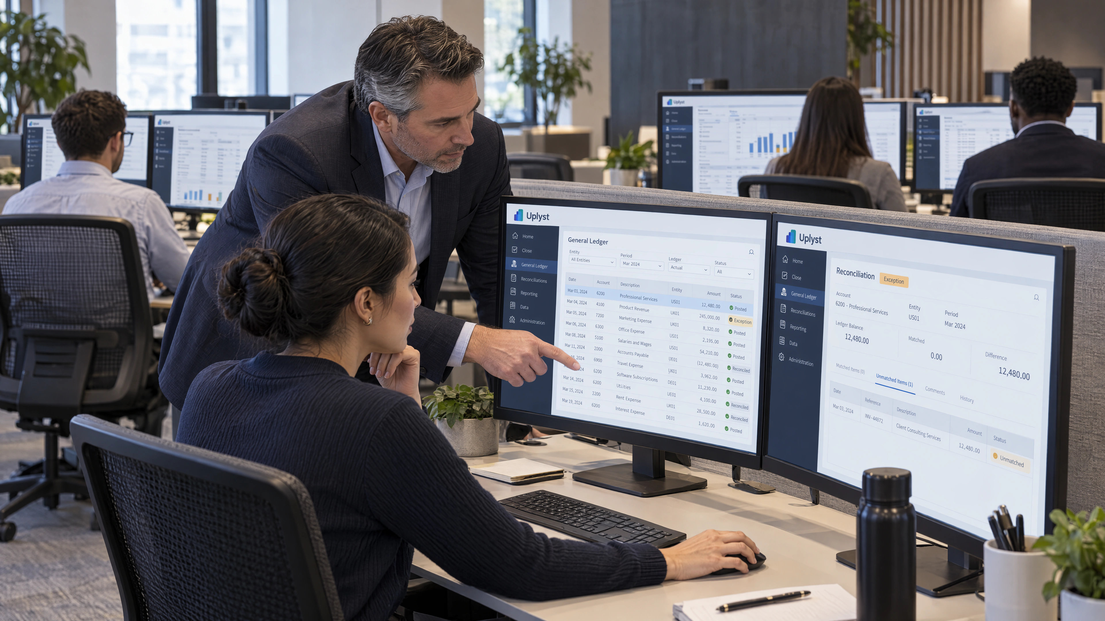 A financial reporting team reconciles positions across its working desks.