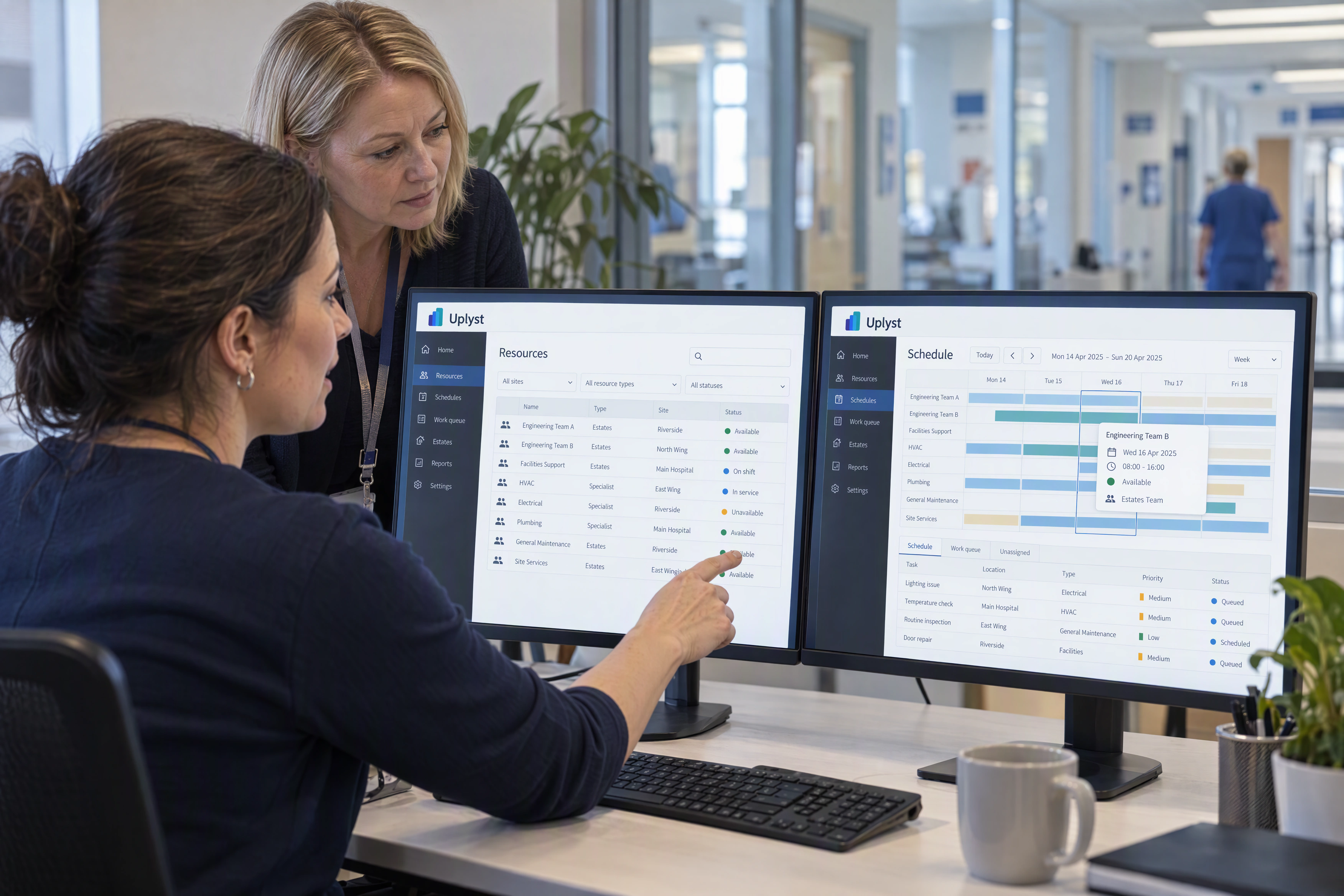 A hospital operations coordinator reviews resource and service information with a planning colleague.