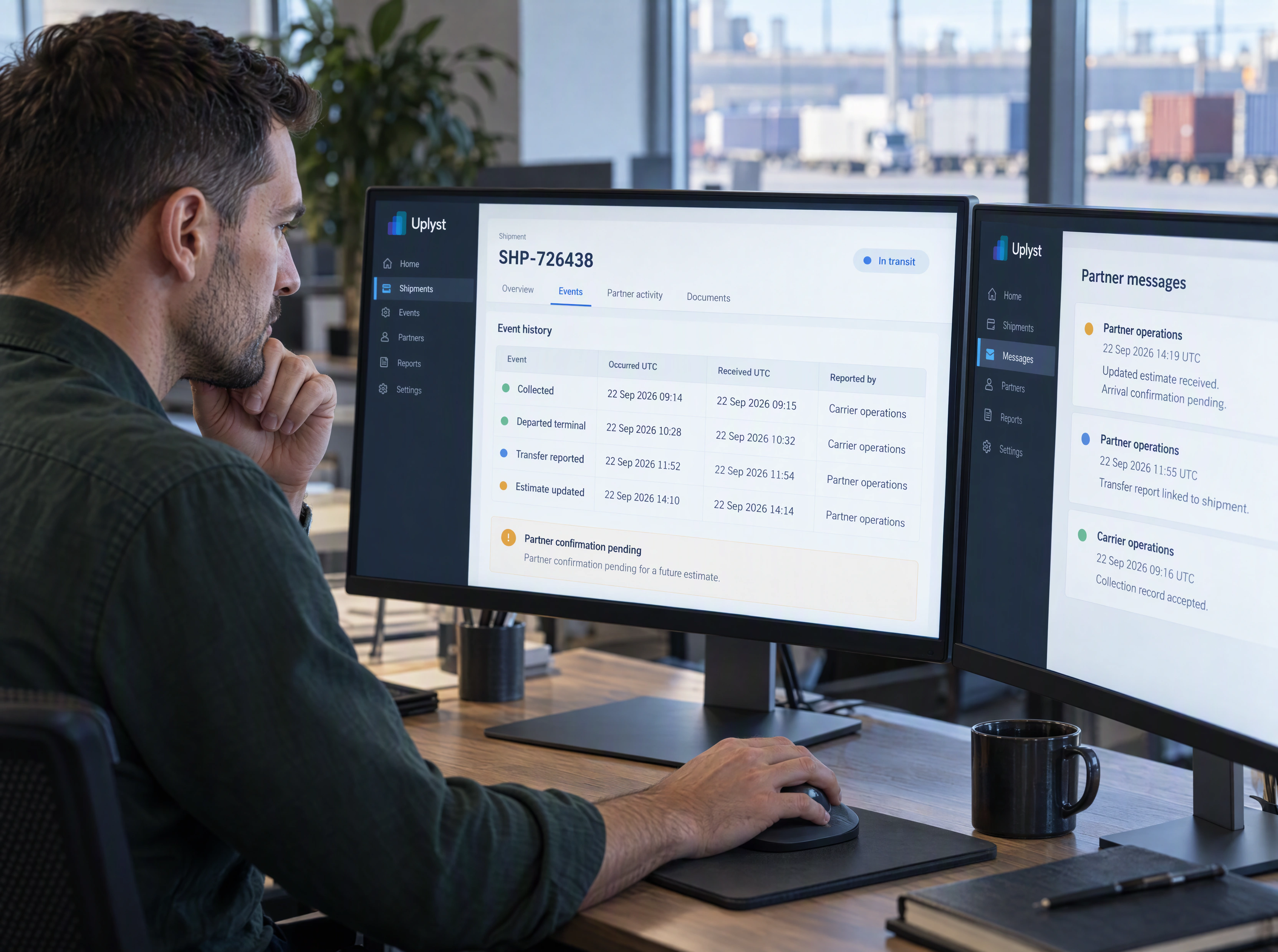 A logistics analyst checks how a reported event fits the shipment history.