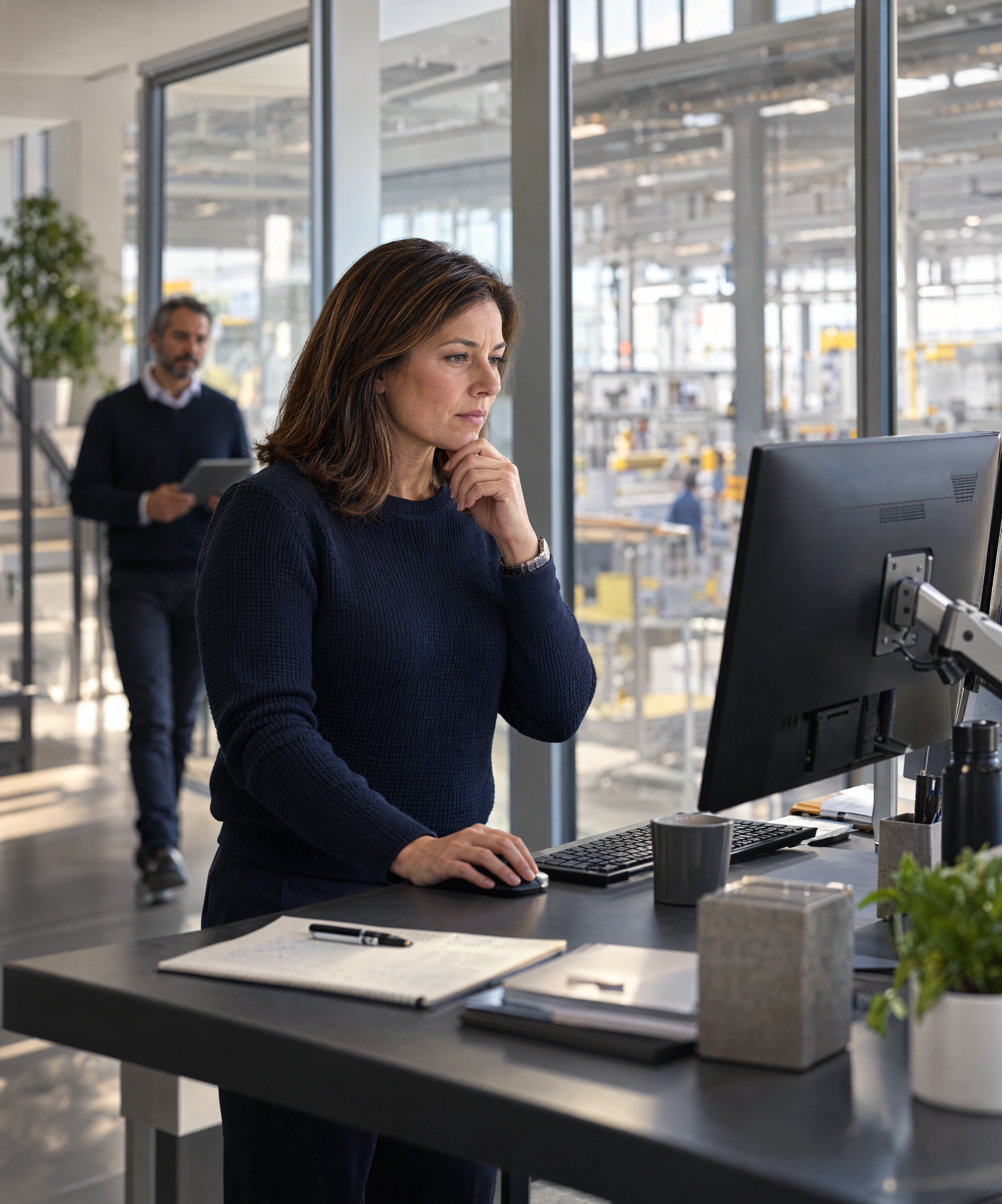 A production planner reviews commitments from an office overlooking the plant.