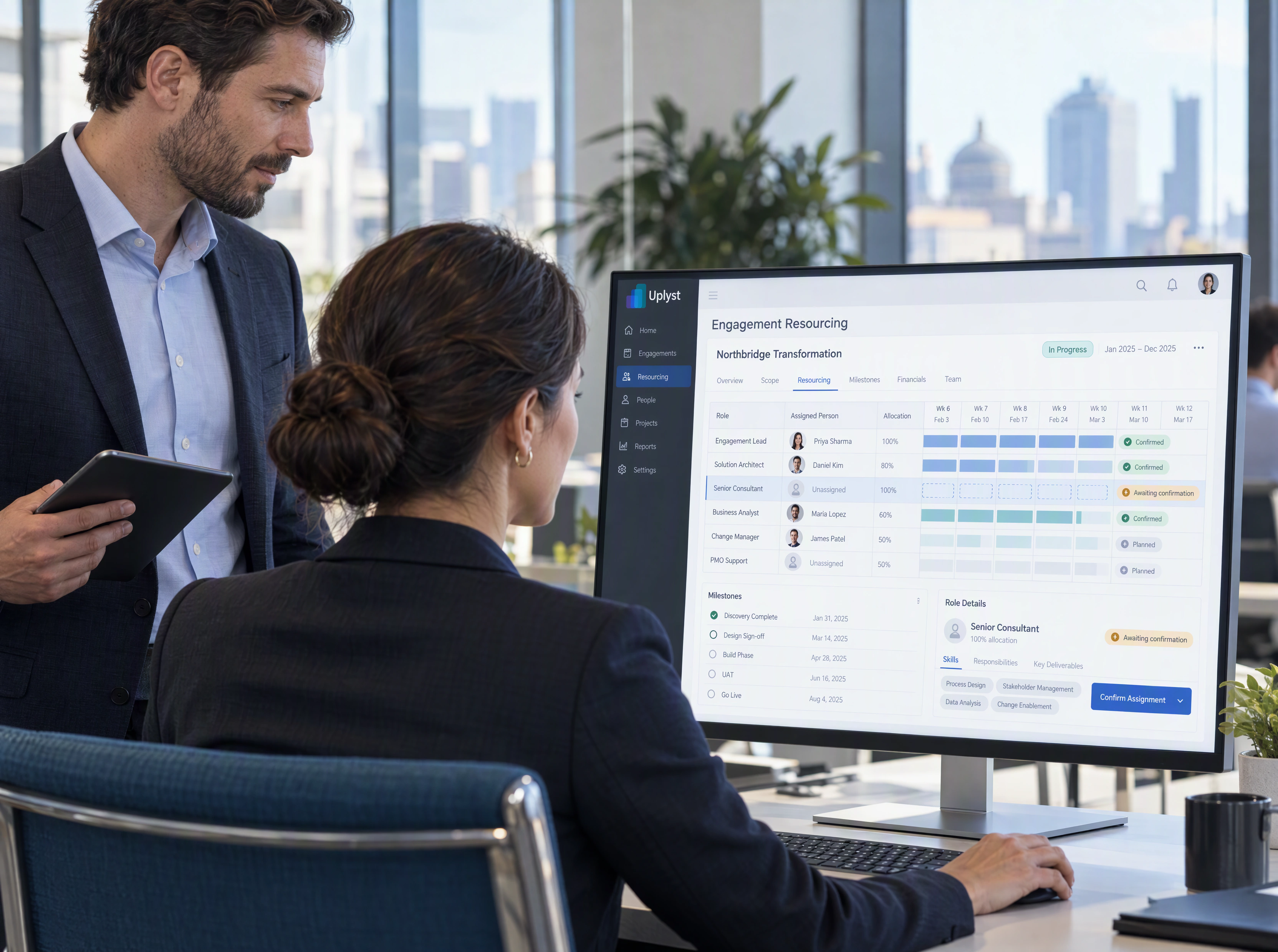 A resourcing director and engagement manager consider a role allocation decision.