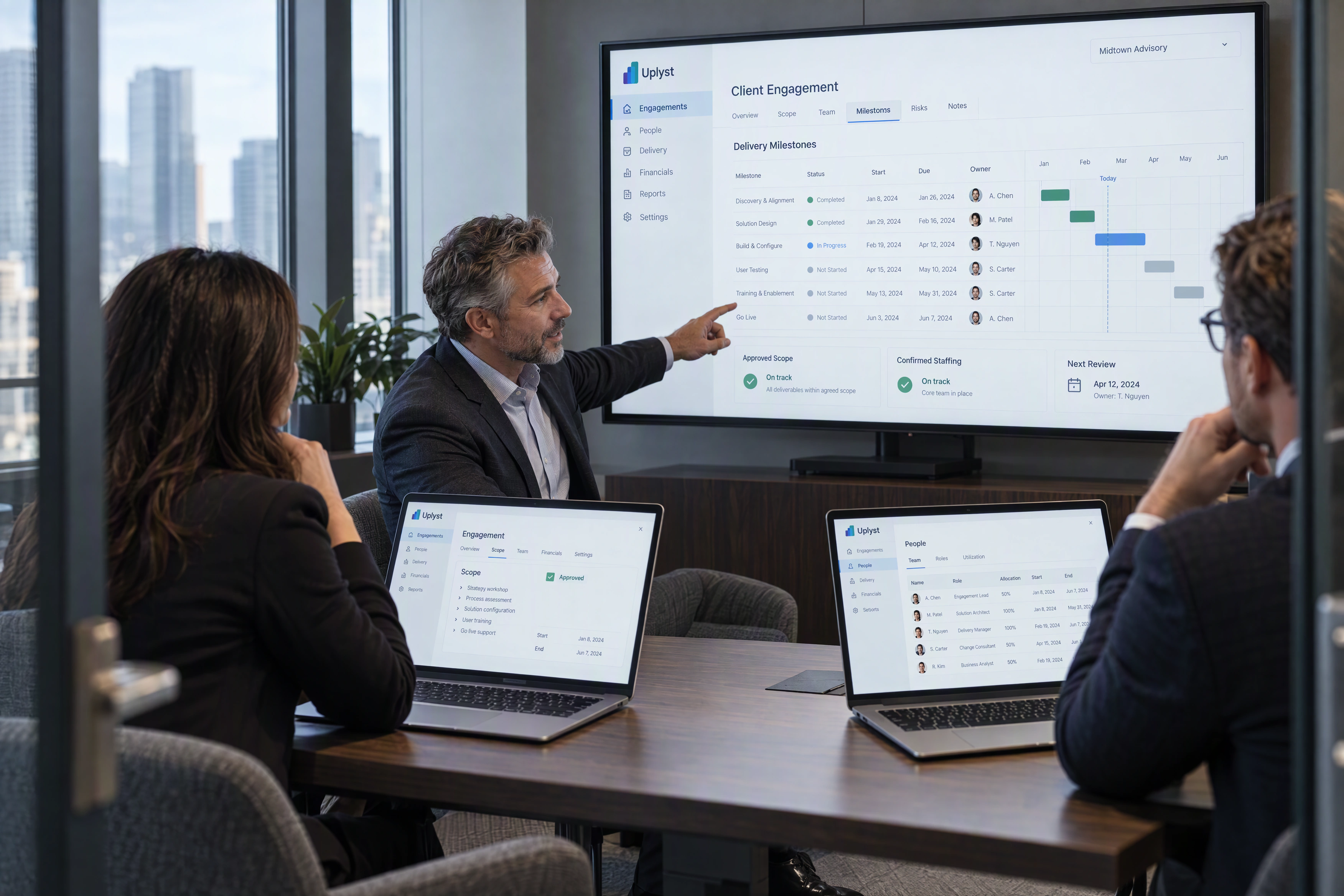 Engagement leaders review the scope, staffing and milestones behind delivery.