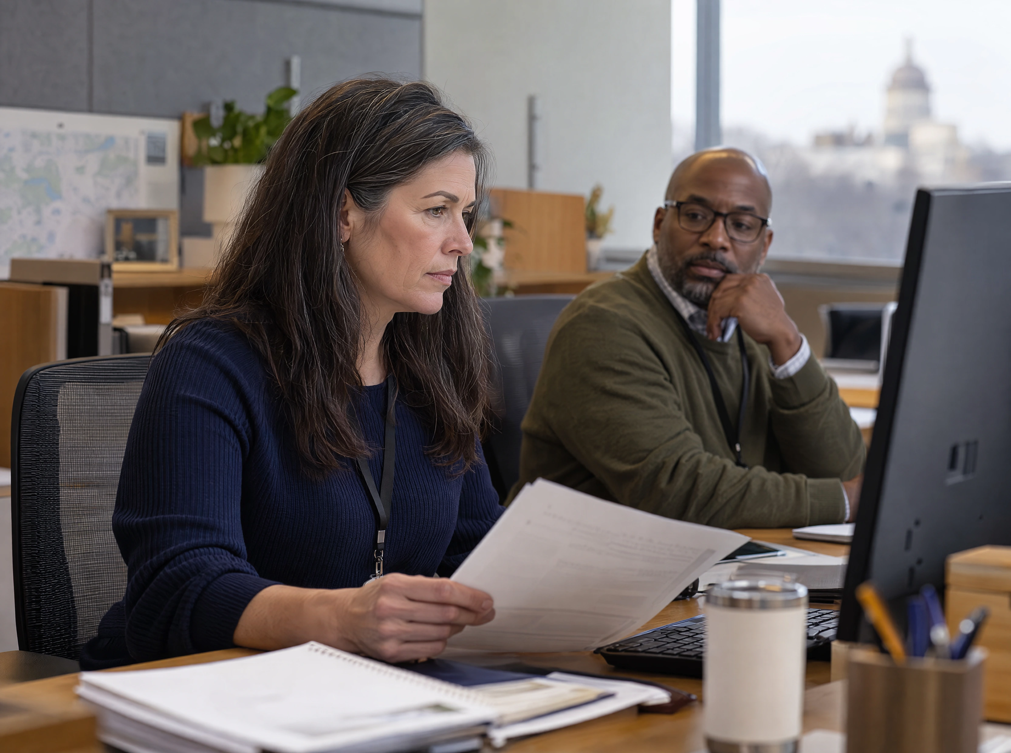 Public service colleagues review the source and responsibility behind a case record.