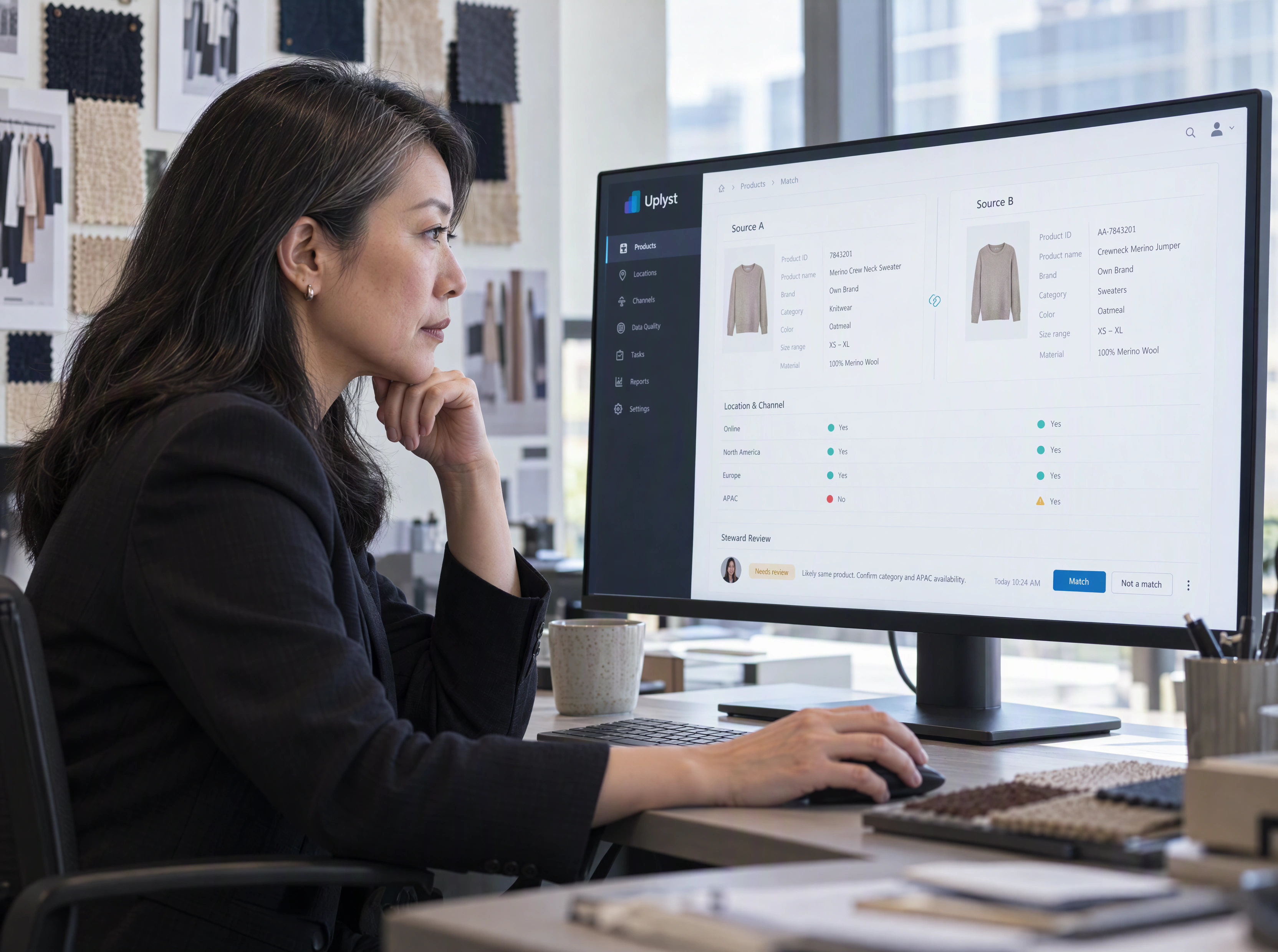 A retail product specialist reconciles source records for channel planning.