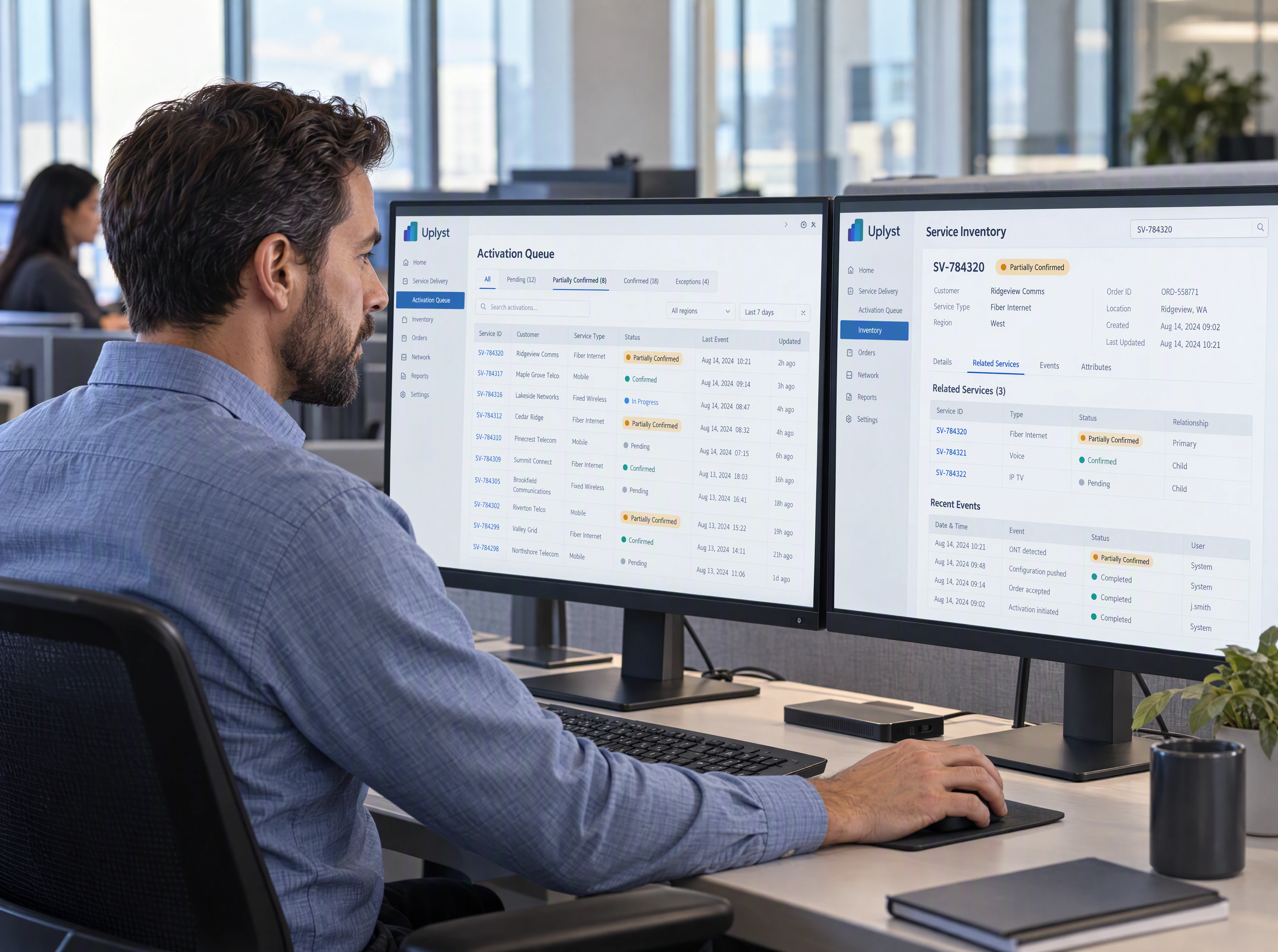 A service delivery analyst reconciles activation and service inventory evidence.