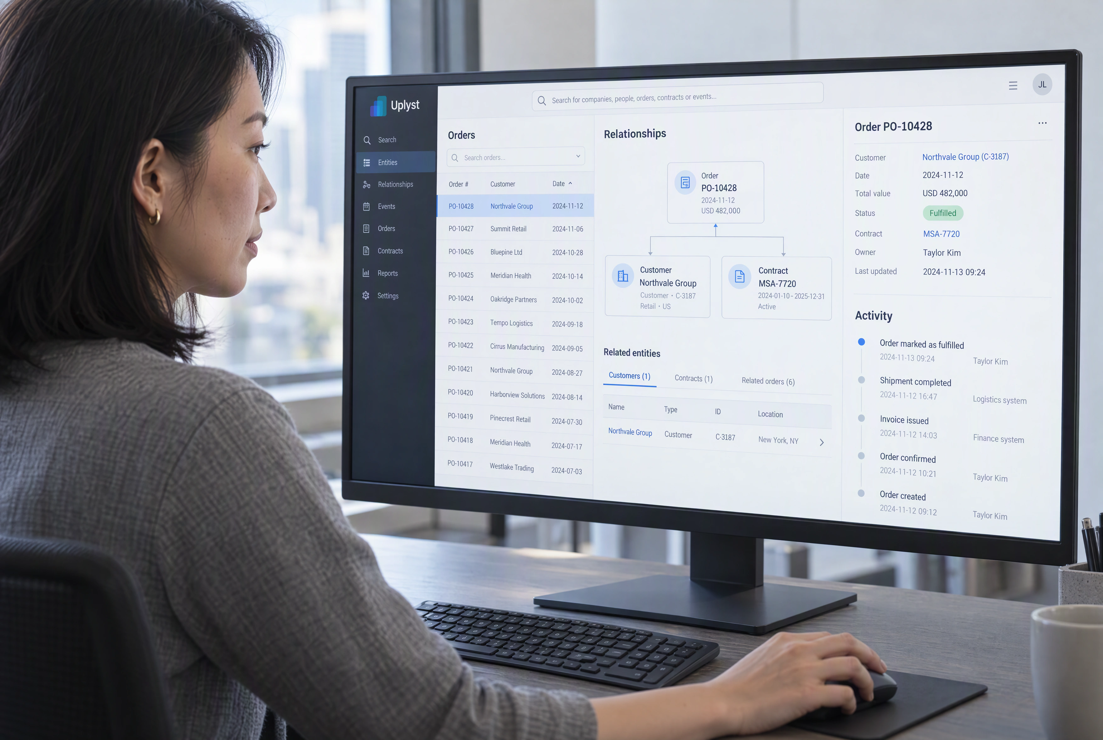 An enterprise analyst explores connected business records in a multi-panel workspace.