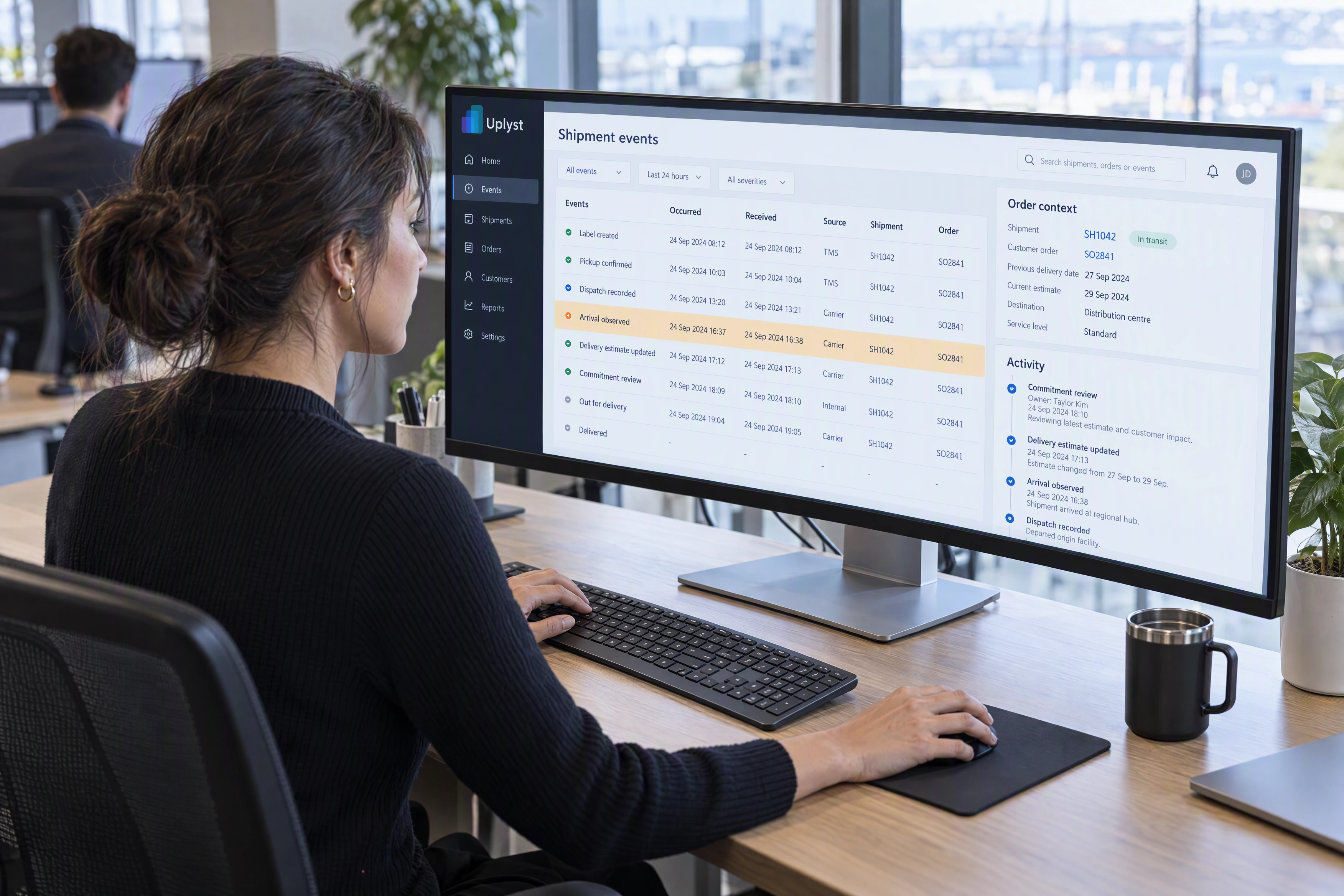 An operations analyst reviews a timestamped event alongside its affected order and activity history.