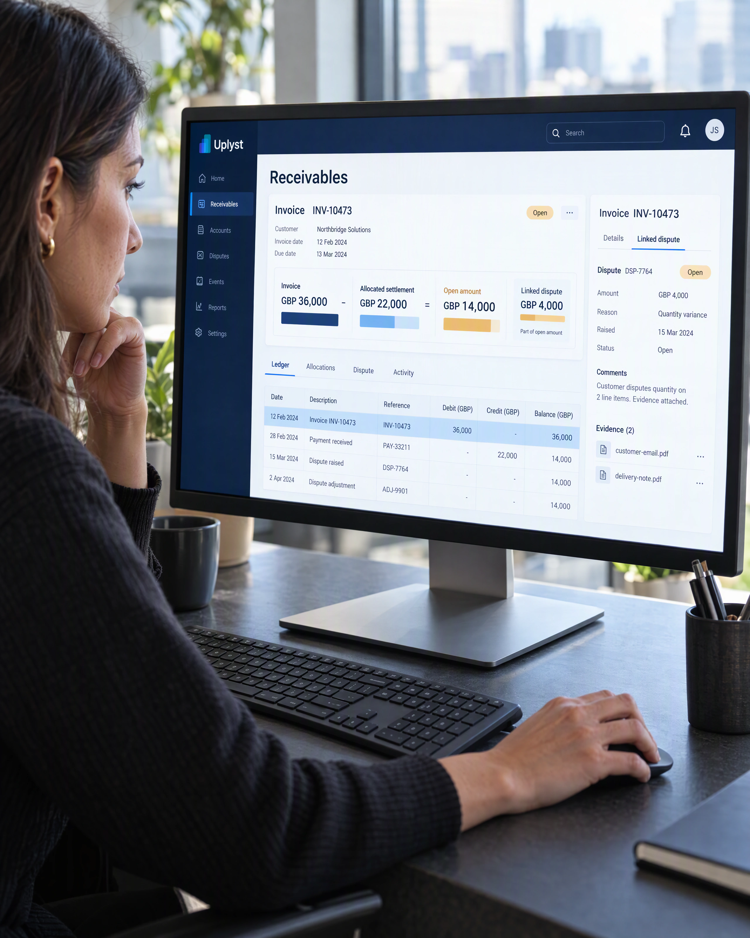 A finance analyst traces an open receivable through a balance analysis and its underlying ledger records.