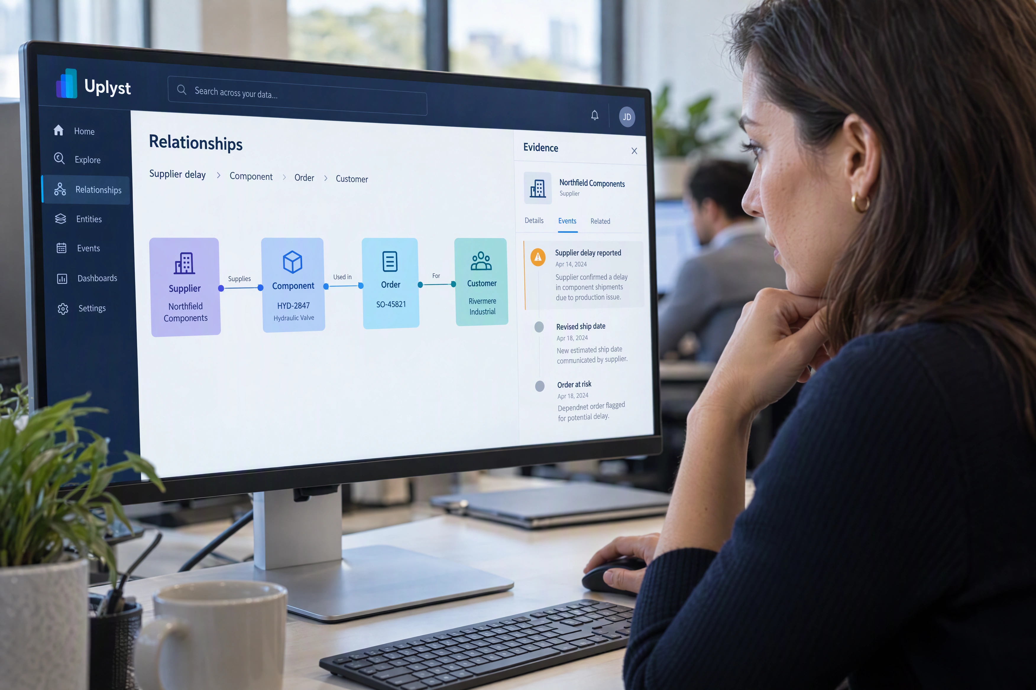 A business analyst investigates the relationship between a supplier, an order and a customer in a connected records workspace.