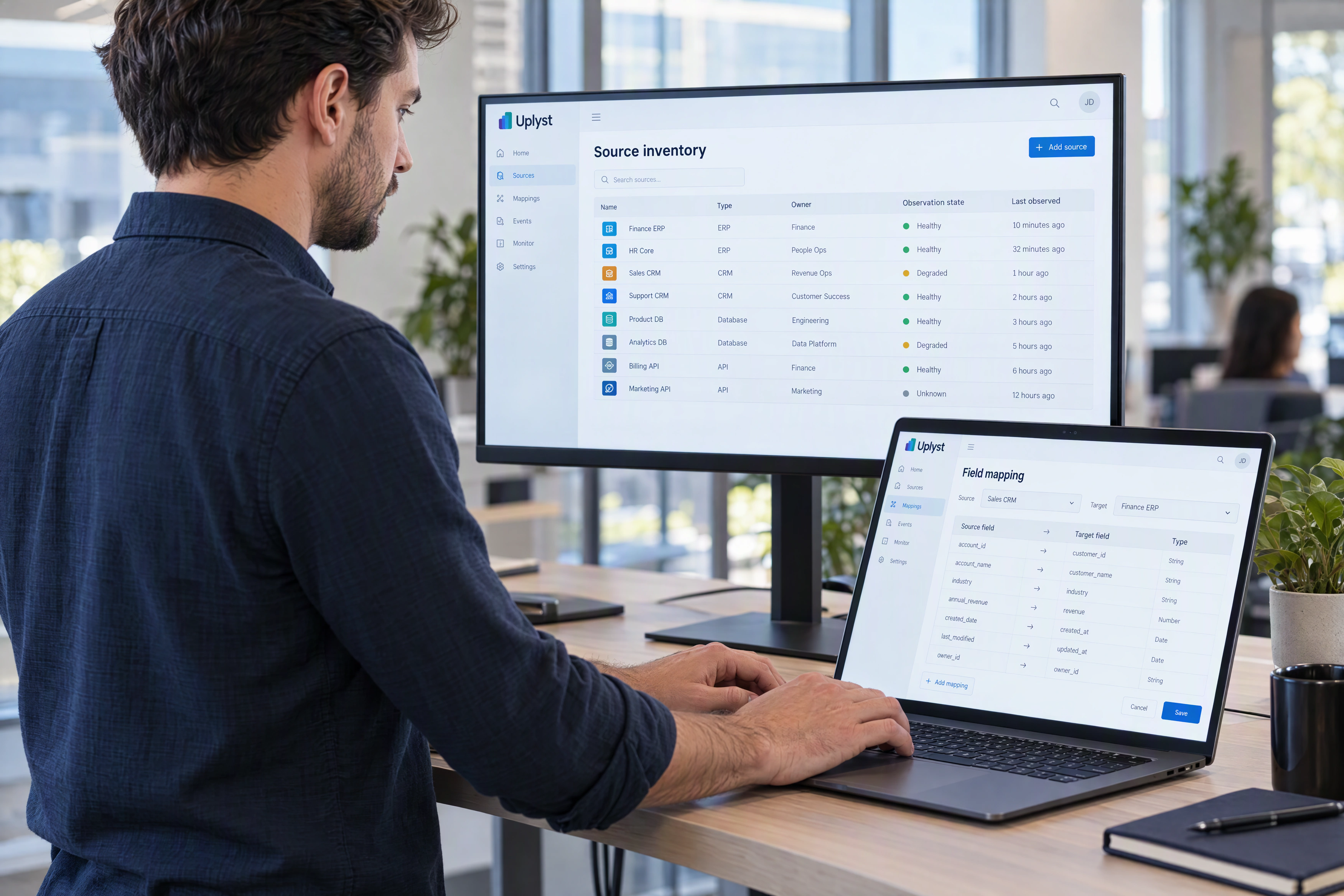 An integration engineer checks source ownership, observation status and field mappings across enterprise systems.