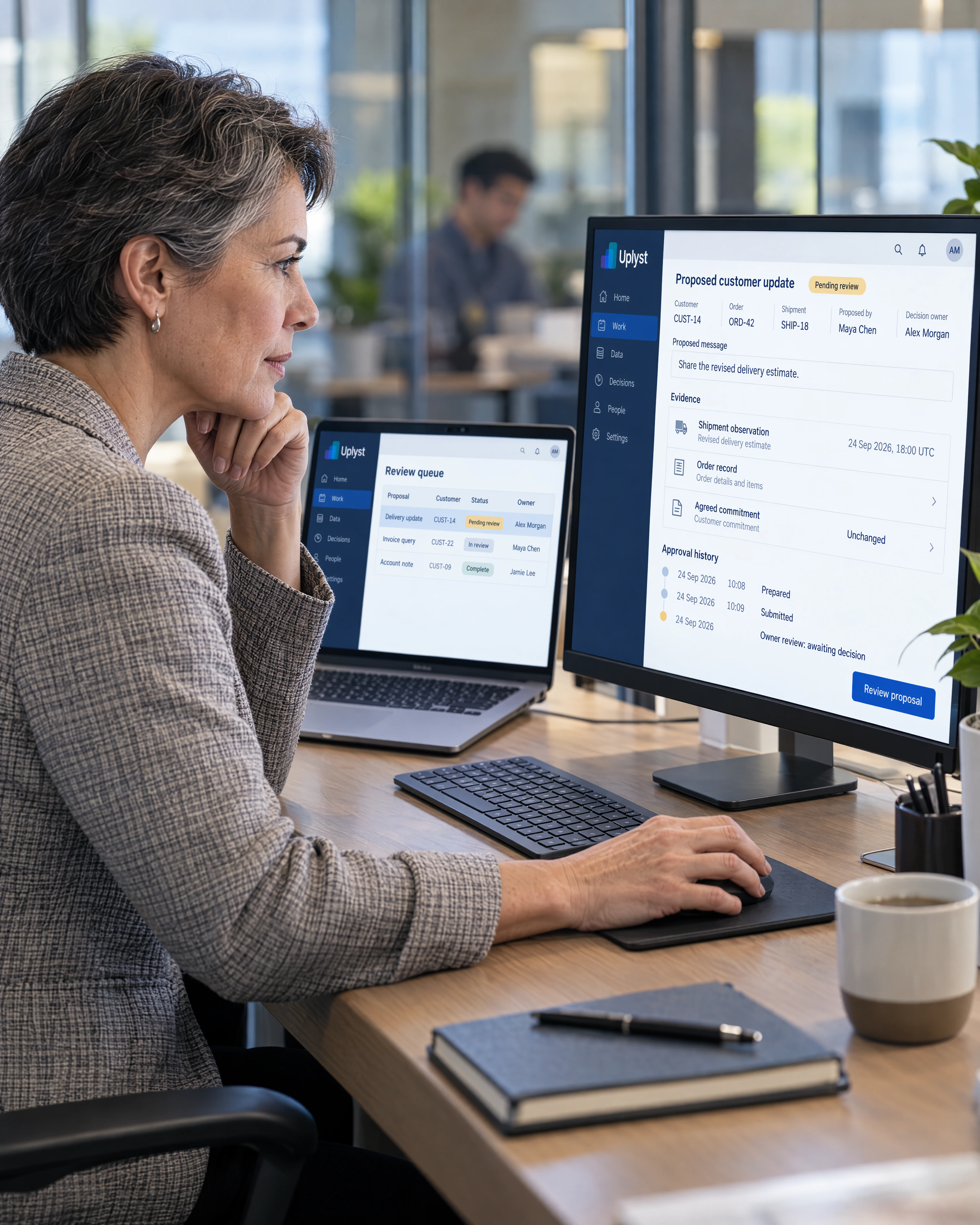 An account operations manager considers a proposed customer update with supporting order evidence and a review history.