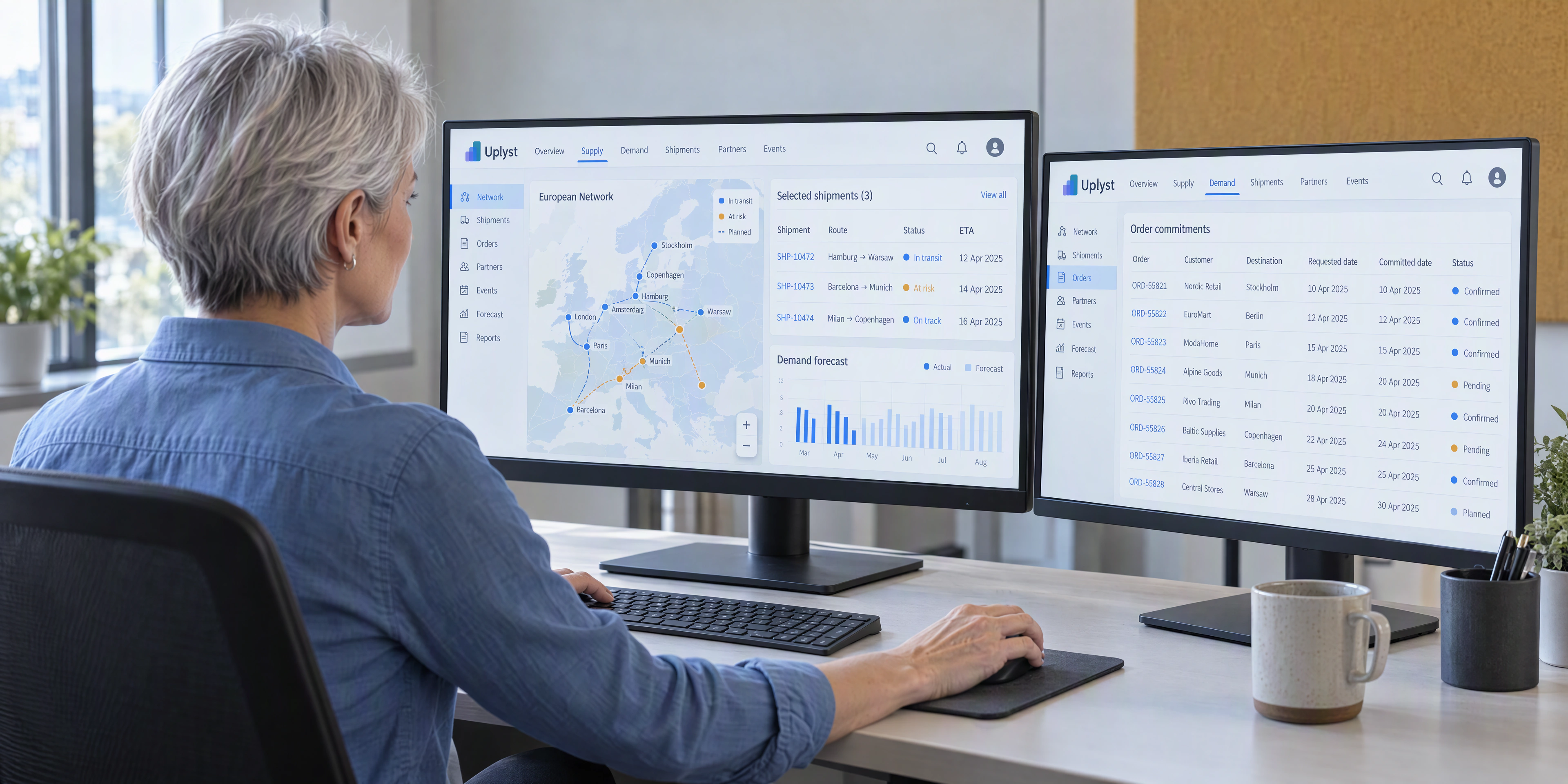 A supply planner compares a shipment forecast with customer commitments in an operations workspace.