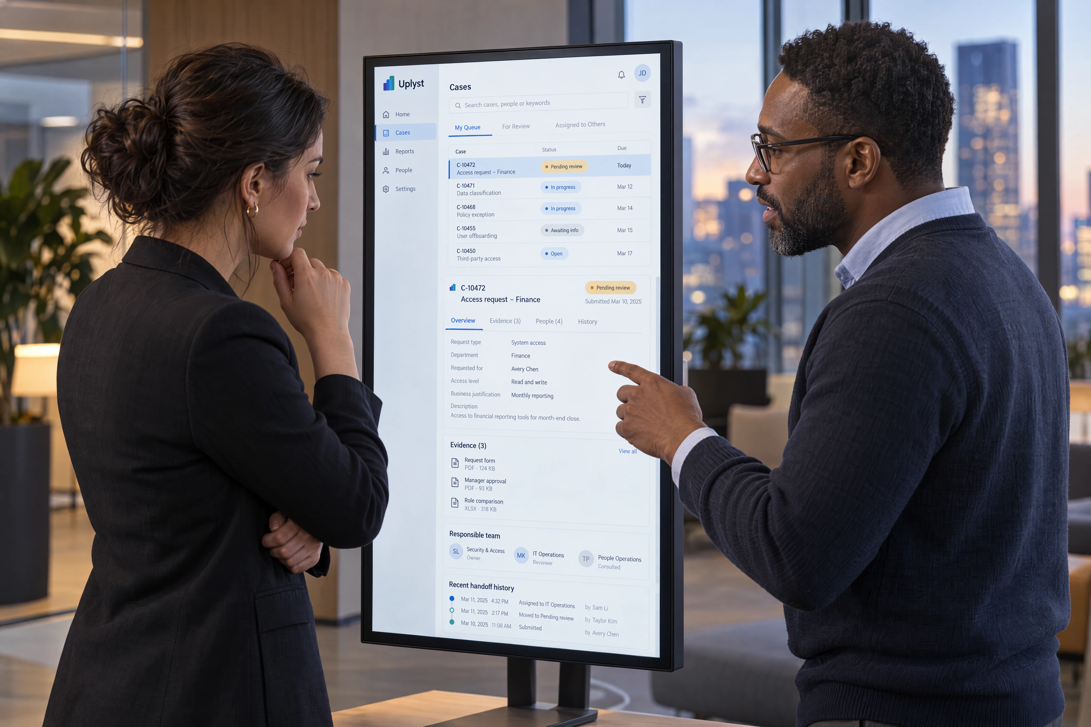 Two enterprise operating leads review unresolved work and its next owner as a workflow is adopted by another team.