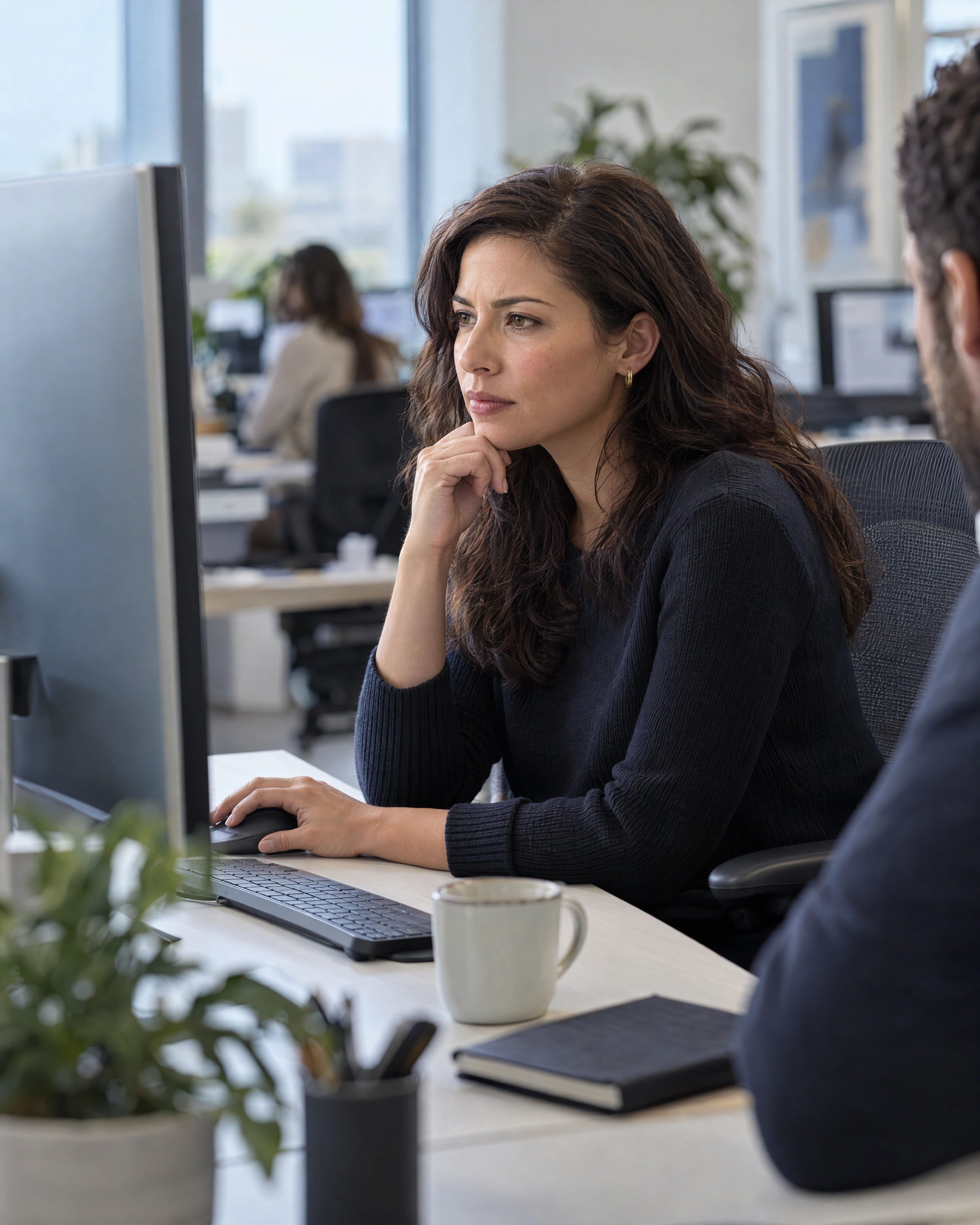 A customer operations lead works through an unresolved account issue while a specialist observes the decision process.