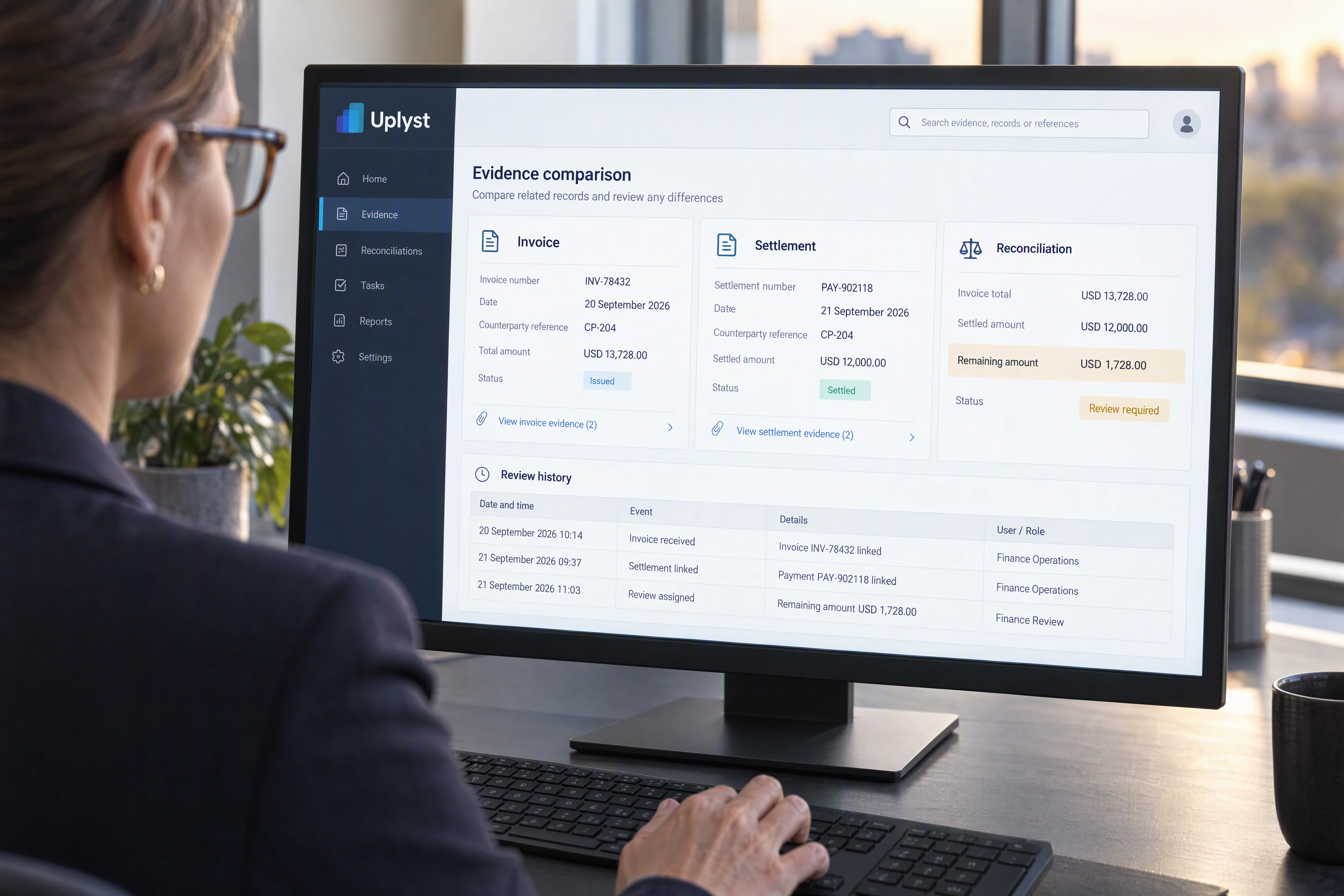 A controller checks how invoice, settlement and reconciliation records explain the open amount.