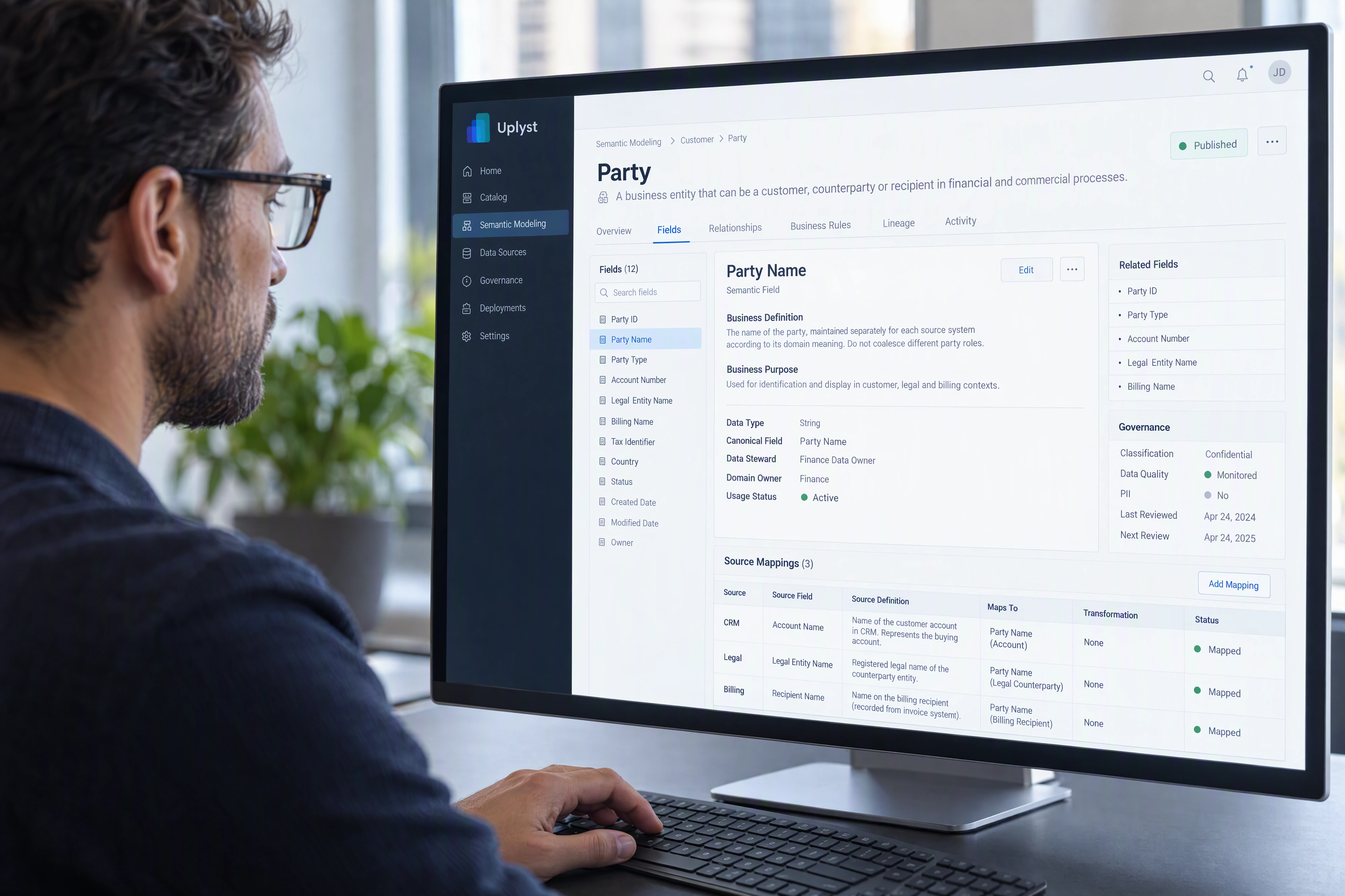 A data architect examines how a field with its source identifier maps to an agreed business definition.