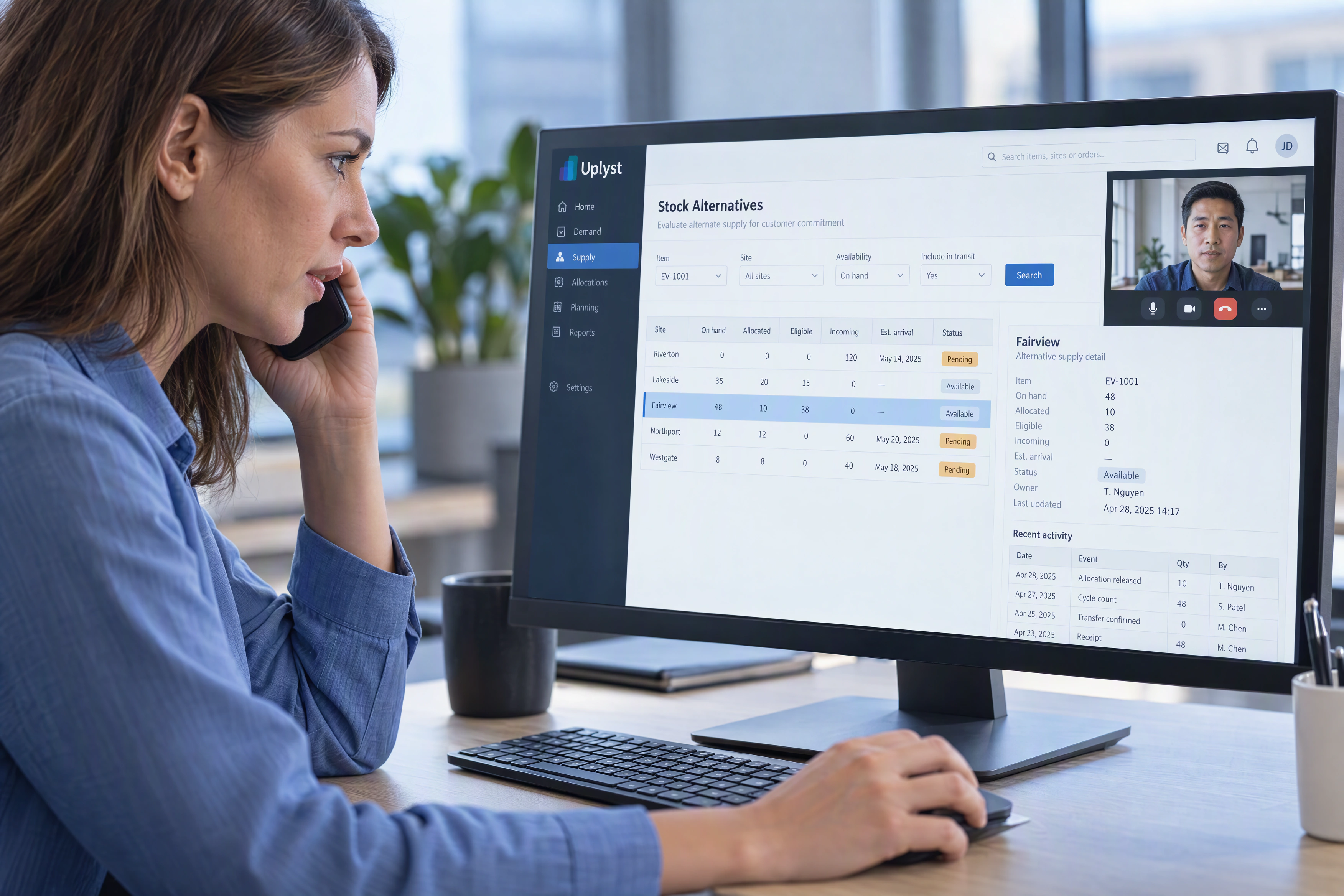 A supply planner checks alternate stock, allocation and transfer timing with the responsible site owner.
