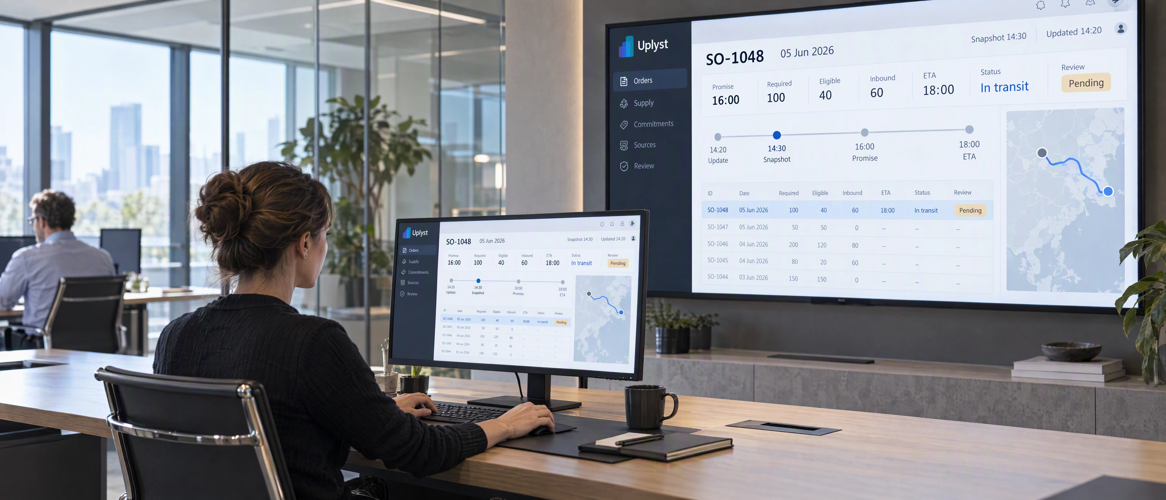 A supply planner compares arrival estimates and customer commitments in a coordinated planning workspace.