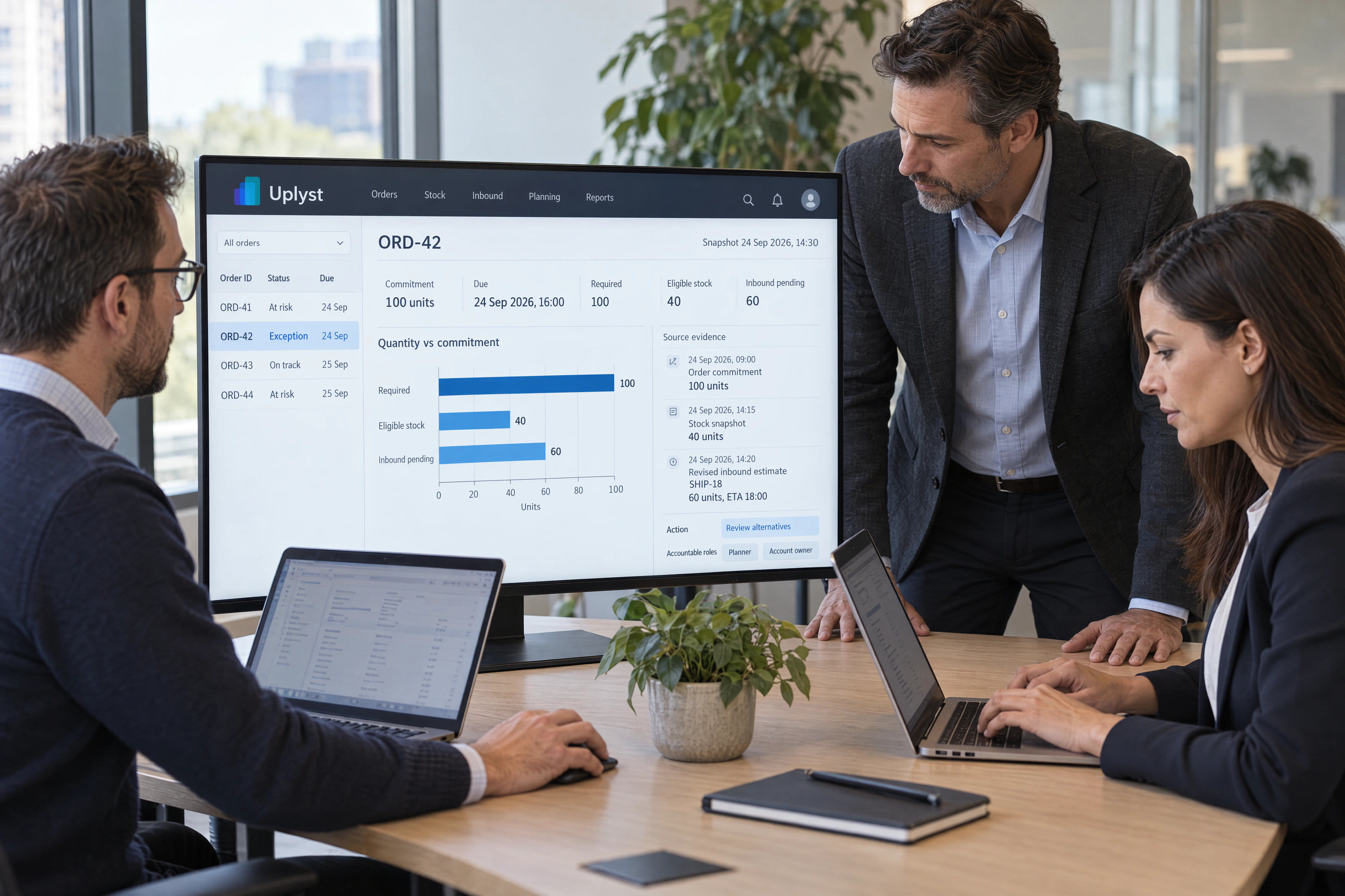 Operations and finance colleagues review an order exception and its source evidence in a shared intelligence workspace.