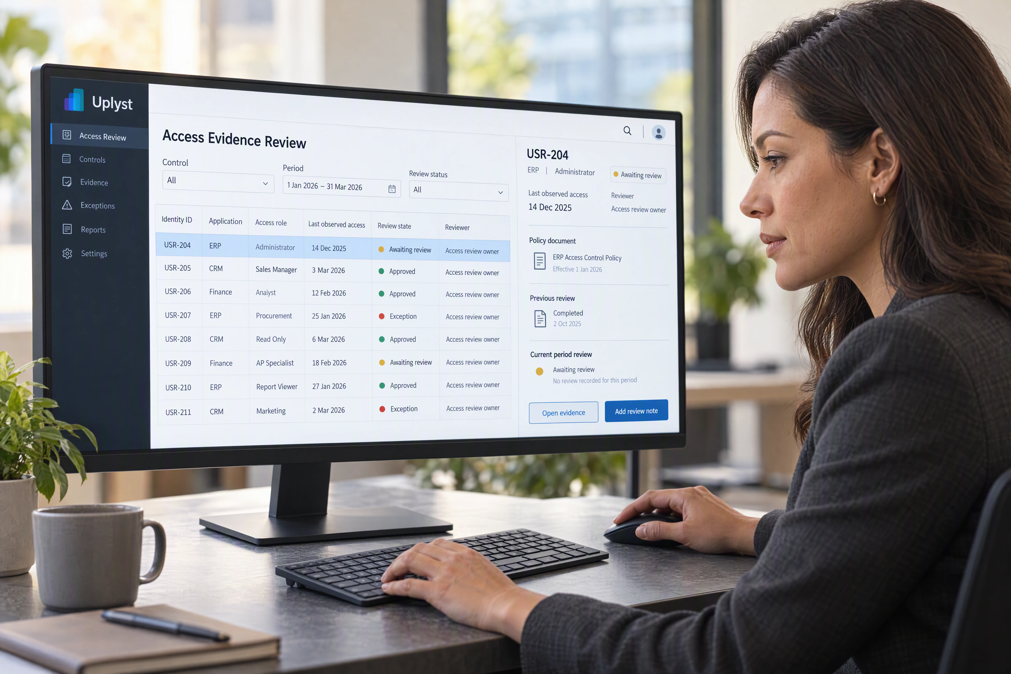 A compliance reviewer examines an access population and an outstanding approval in a control evidence workspace.