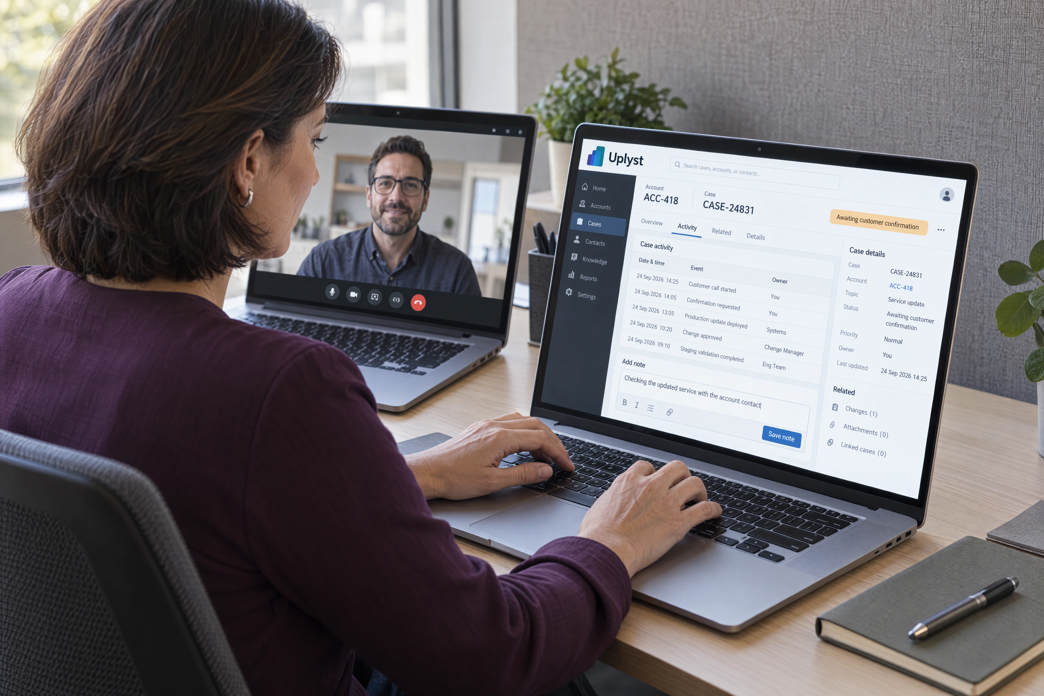 An account owner confirms the customer experience during a call while reviewing the service case history.