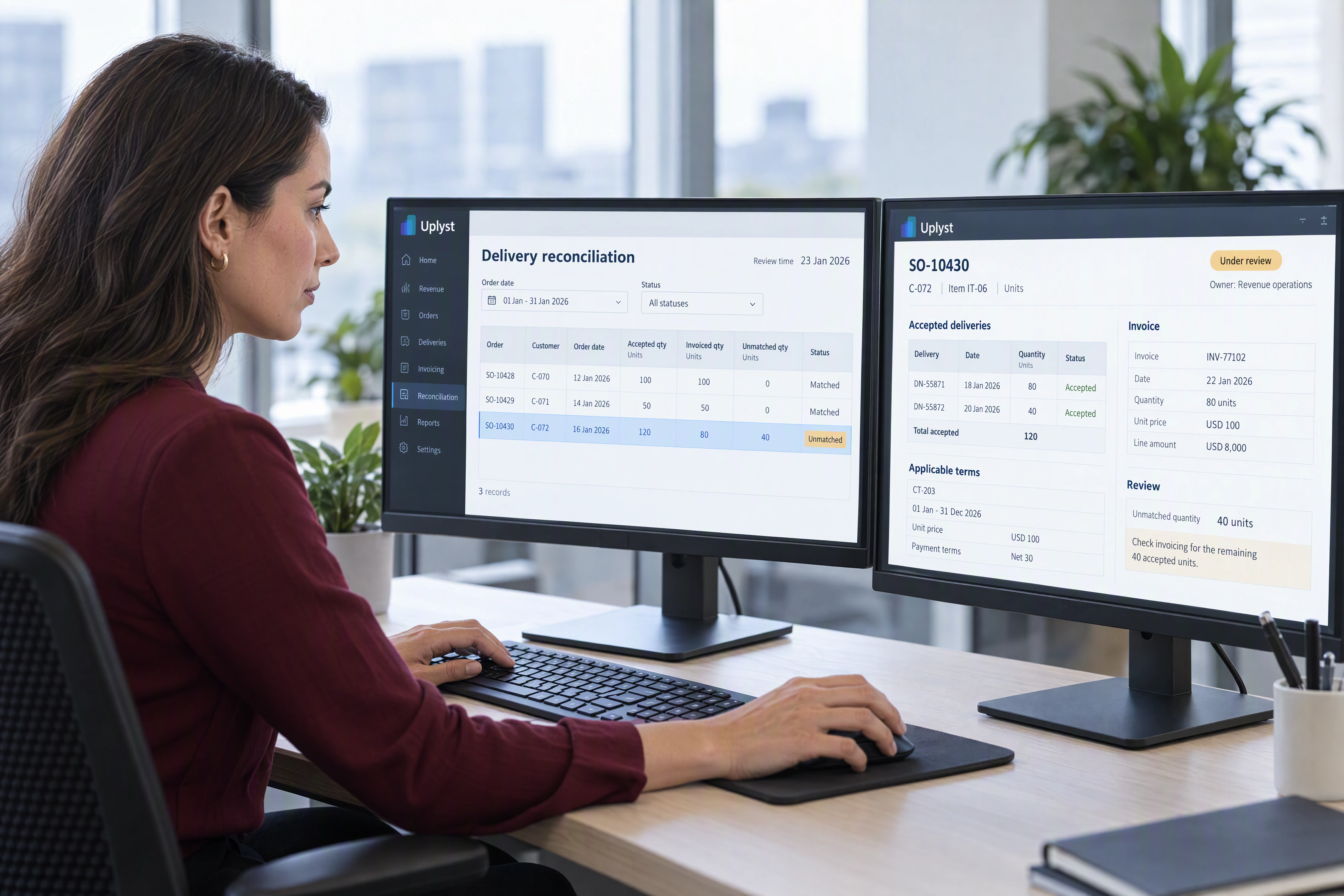 A revenue operations analyst compares accepted delivery records with billing links and commercial evidence.
