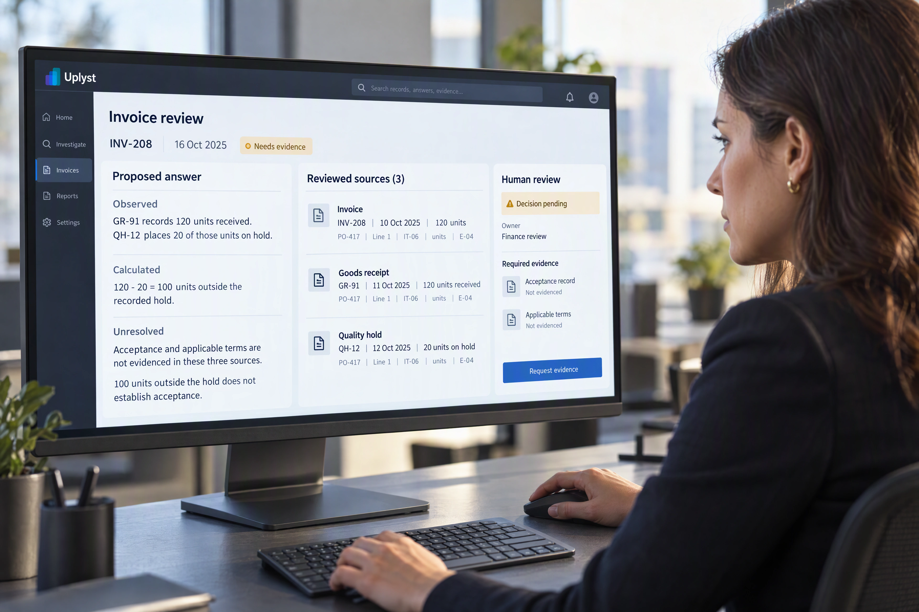 A finance specialist reviews an interpretation linked to source records and checks the evidence gaps before deciding the next step.