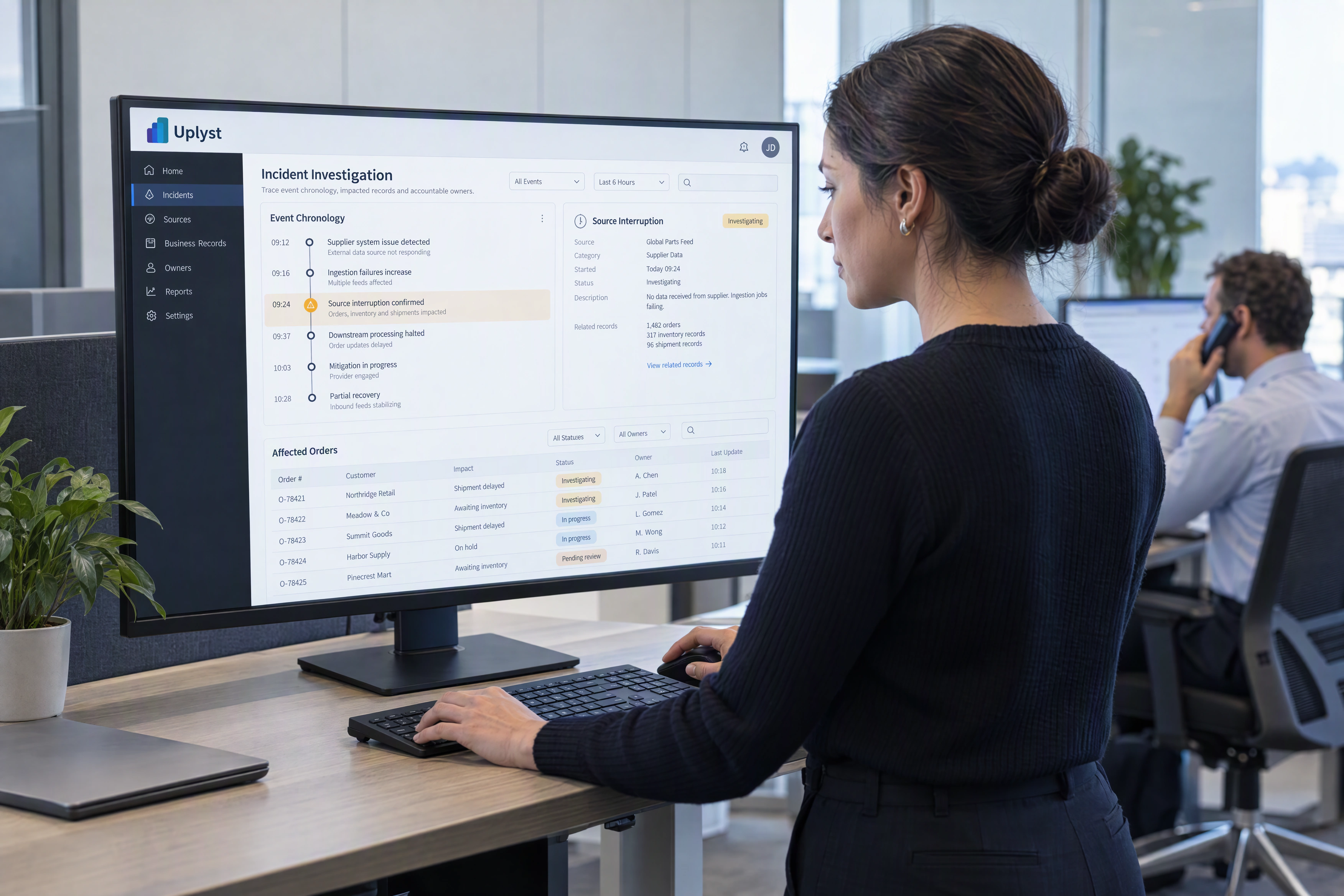 An incident coordinator investigates a source interruption using its event timeline and affected business records.