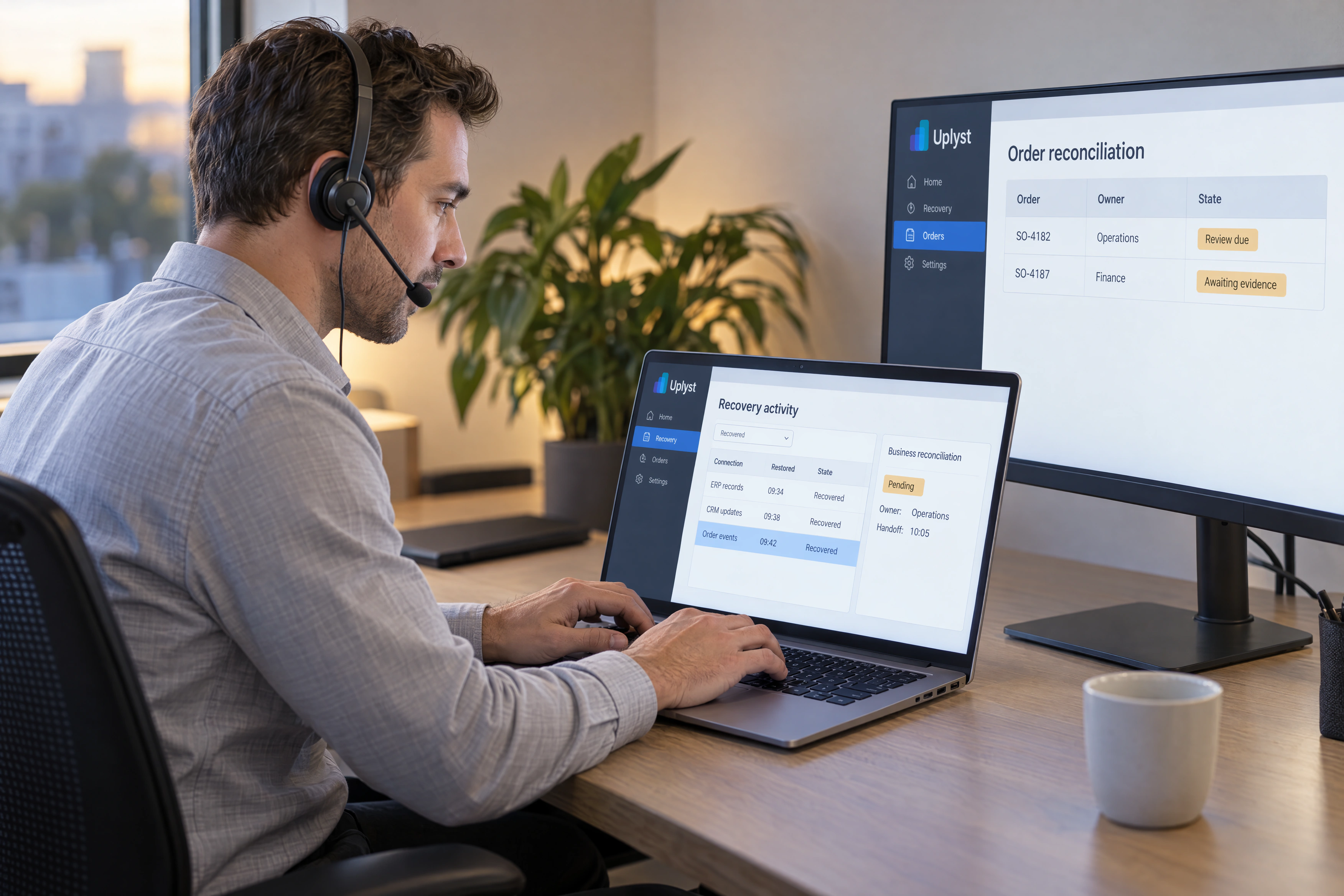 An operations owner coordinates a recovery handoff while checking the incident history and outstanding reconciliation.