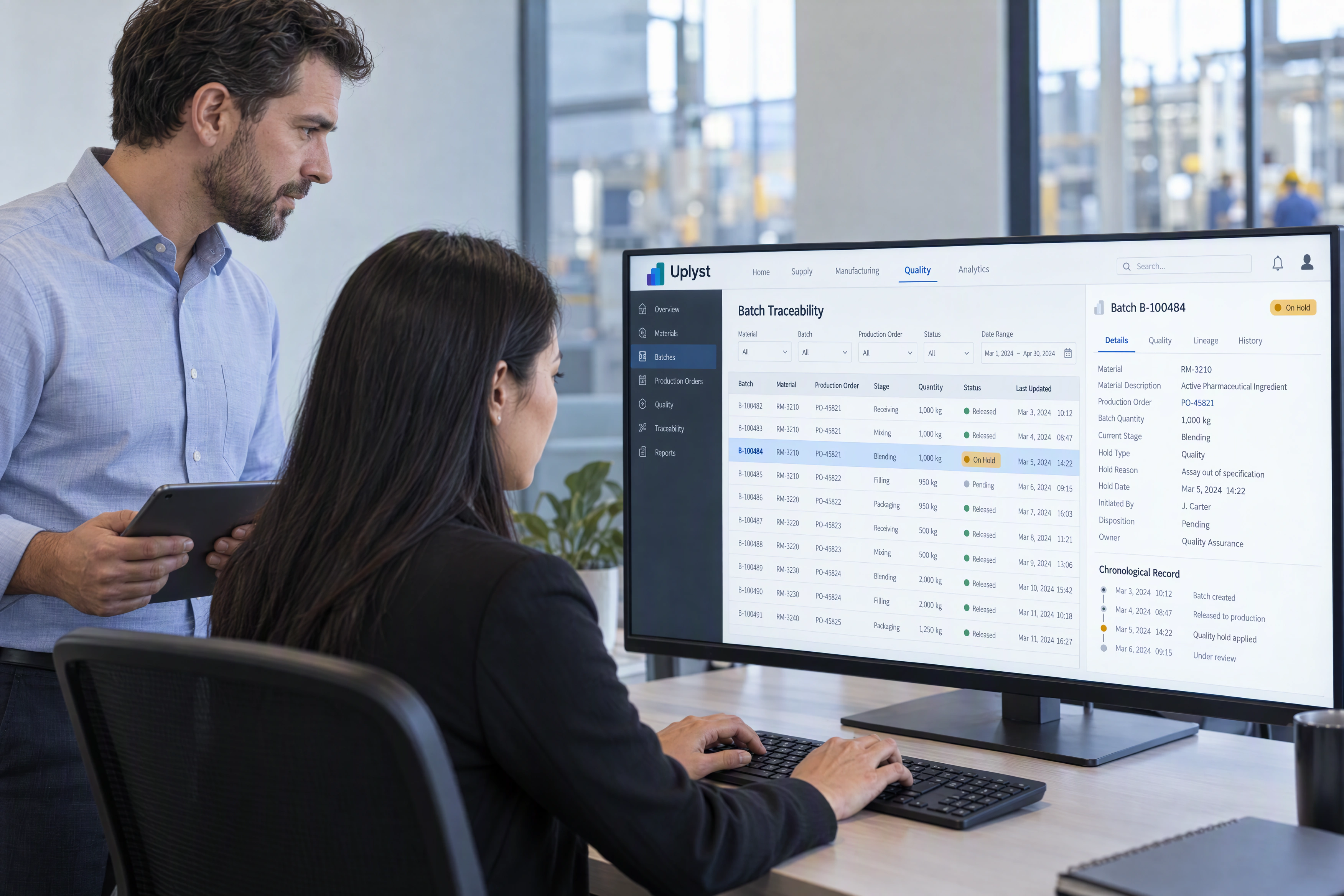 A quality analyst and production planner trace a material hold through batch and order records.