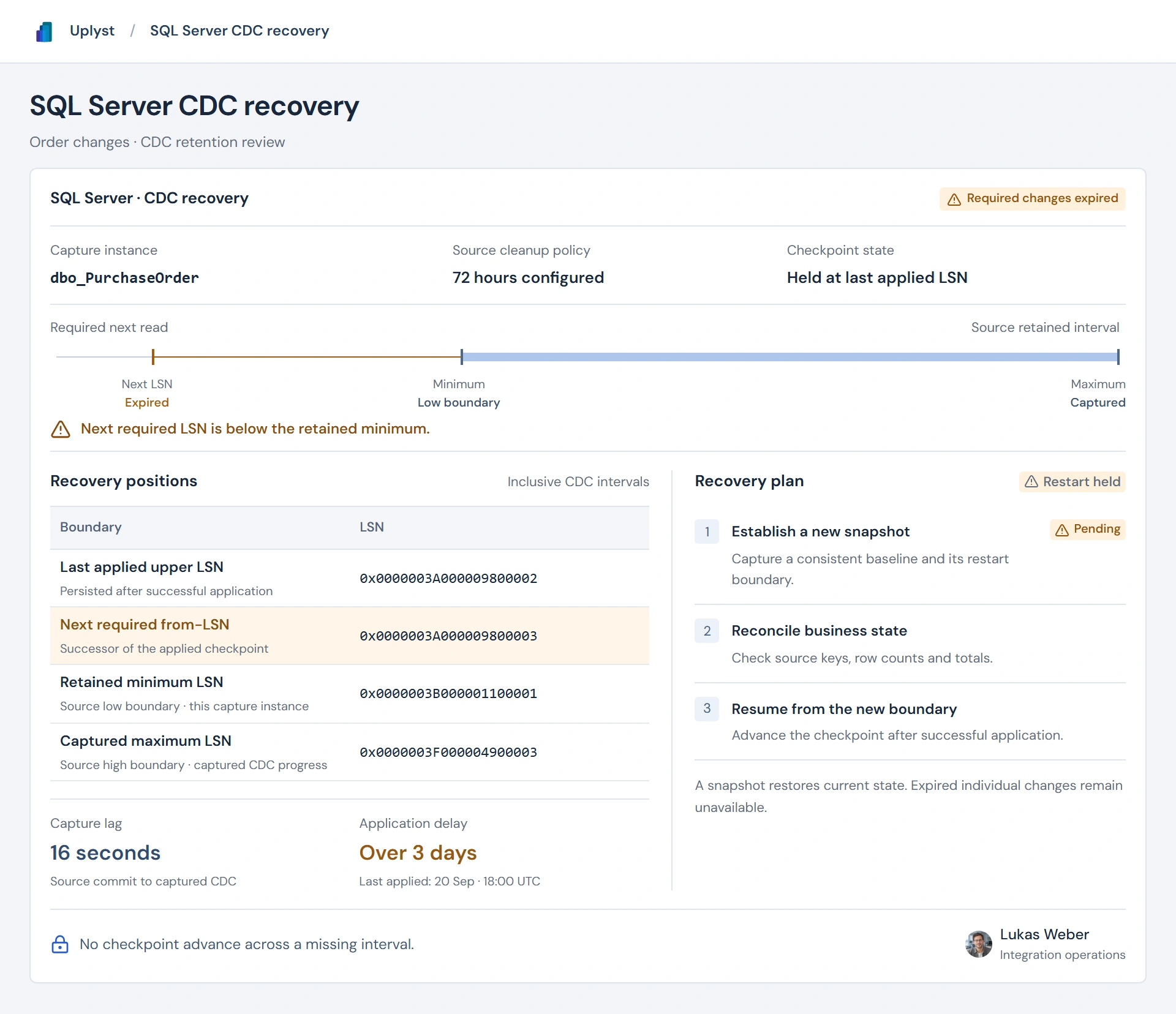 SQL Server CDC recovery compares the applied checkpoint and next required LSN with the retained source interval. An expired gap keeps restart pending a new snapshot and reconciliation.