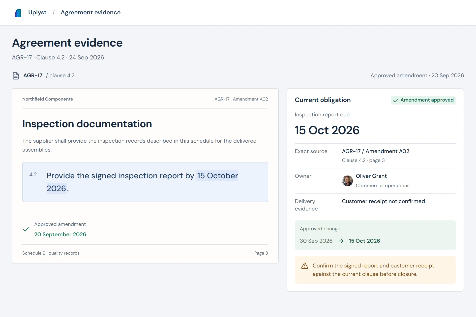 Agreement AGR-17, clause 4.2: amendment A02 approved 20 September changes the inspection report deadline from 30 September to 15 October 2026. Customer receipt remains unconfirmed.