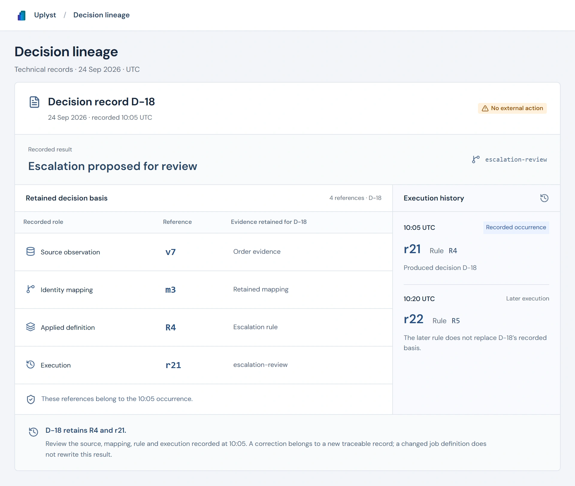 A decision history records the source, mapping, rule and execution versions used in each run.