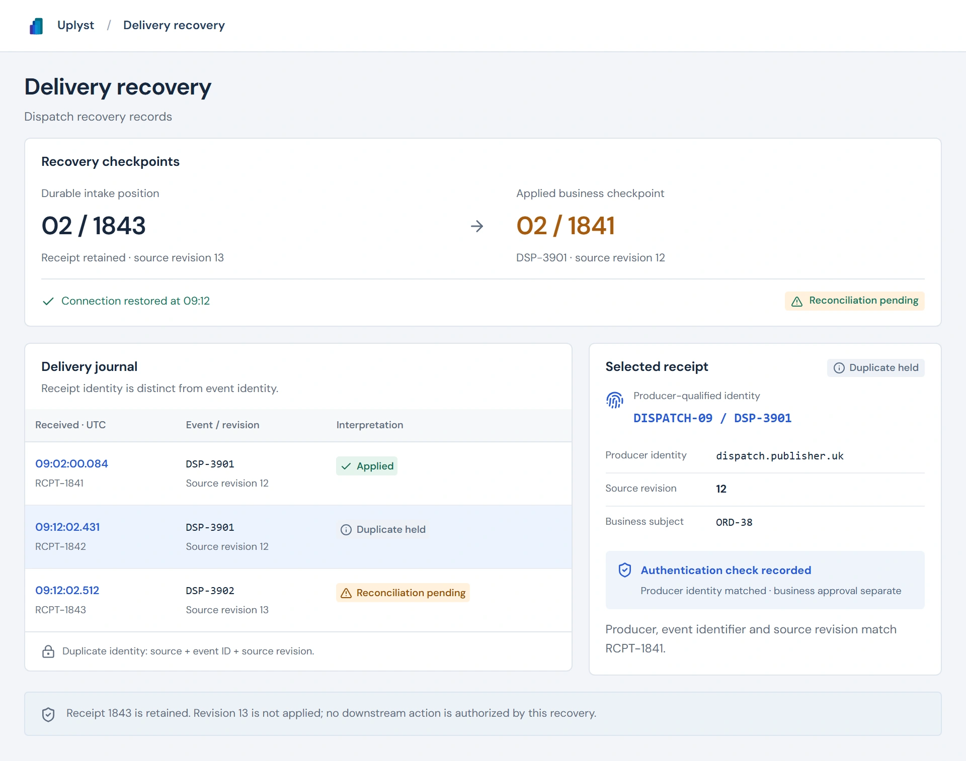 Dispatch recovery with separate intake and applied checkpoints, a duplicate receipt, and a later revision awaiting reconciliation.