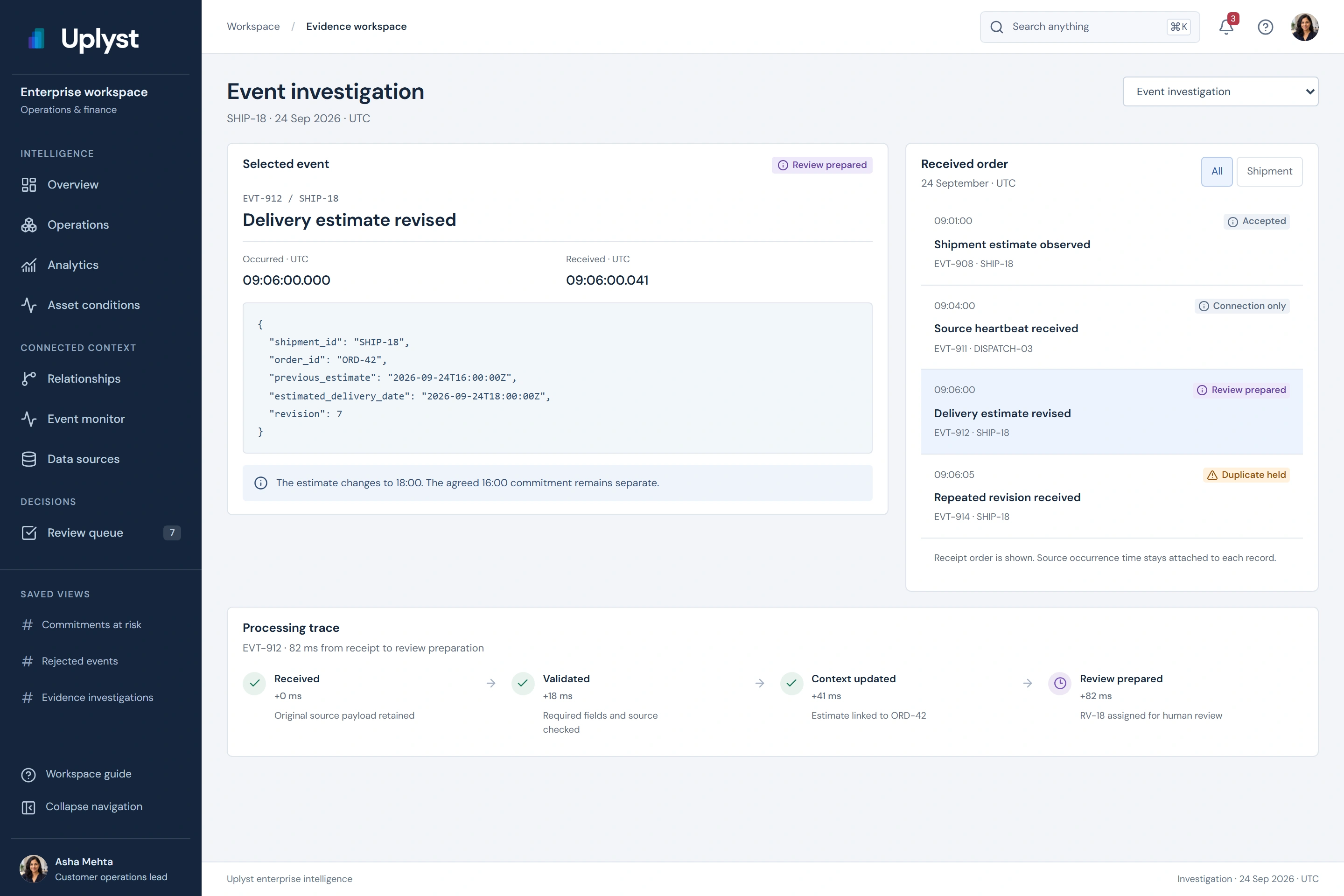 Event investigation connects a revised delivery estimate to its source, observation time, receipt time and affected commitment.