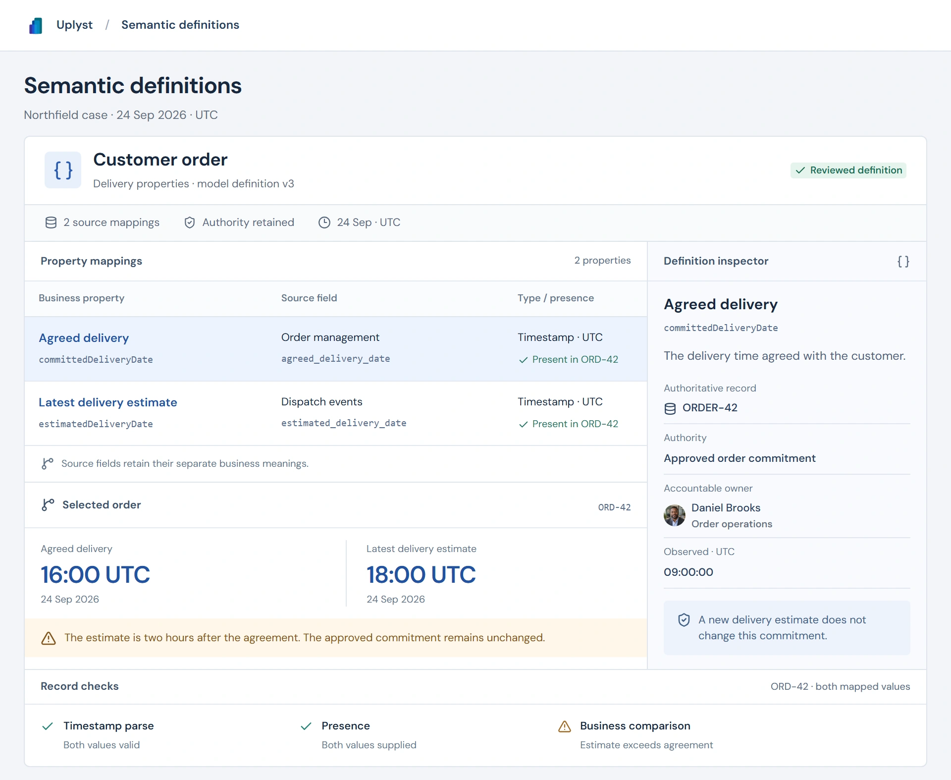 Semantic workbench maps the agreed delivery and current estimate to separate source fields, with their definitions, constraints and responsible owners.
